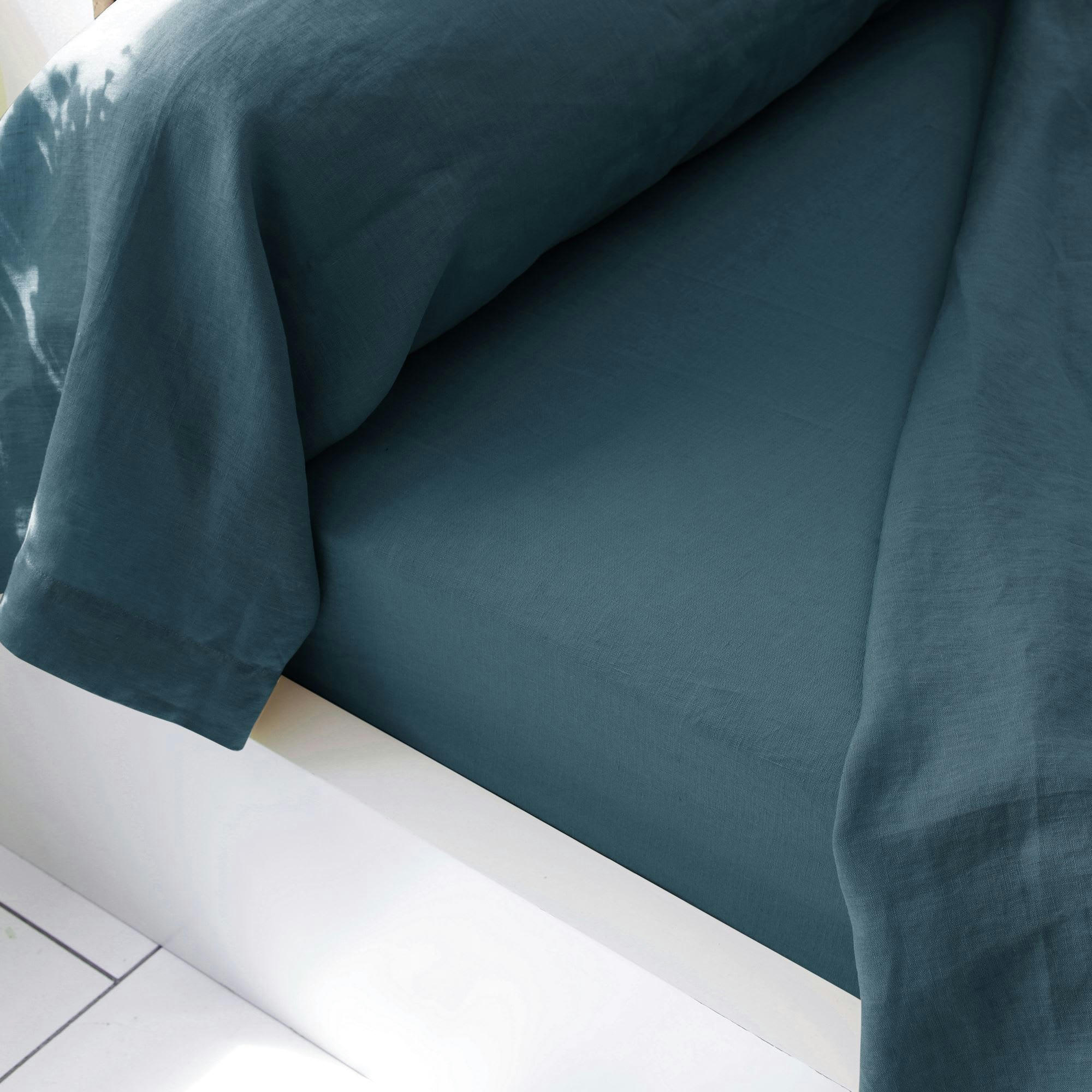 GAMME UNIE LIN PRÉLAVÉ - Drap-housse 90x200x28 bleu orage en lin