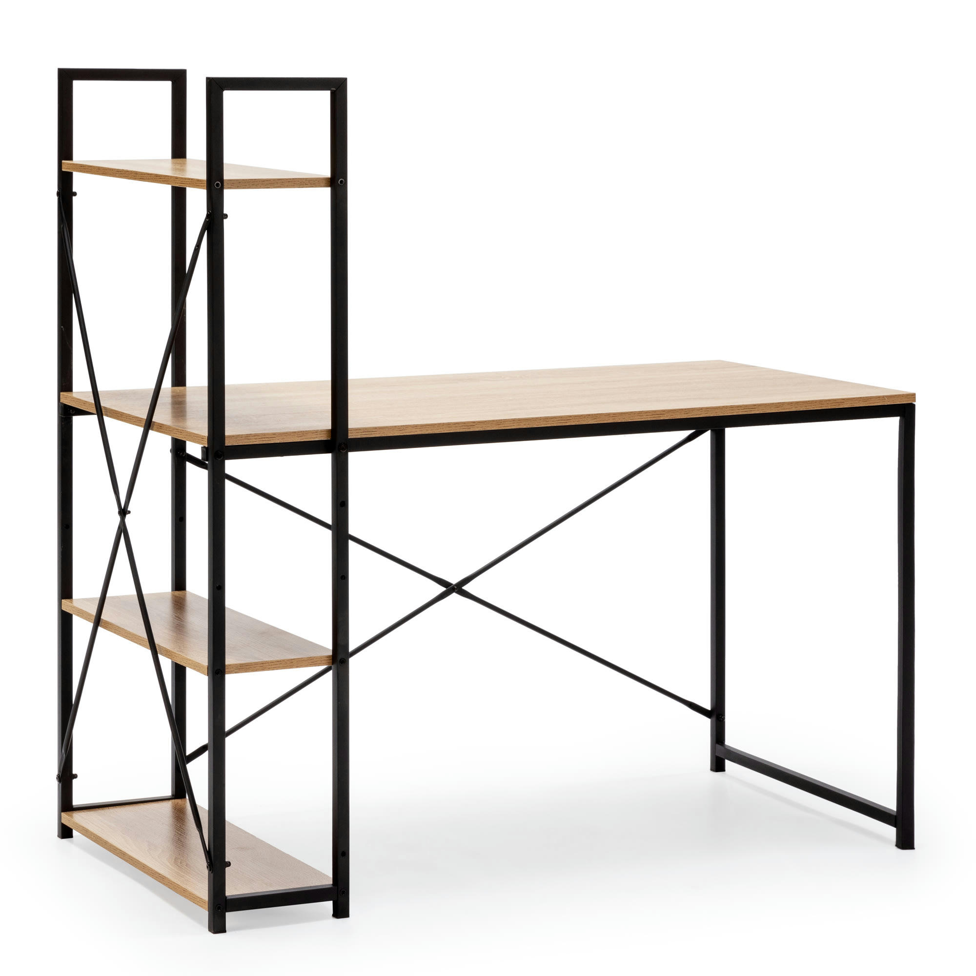 LIDIA - Bureau noir, 3 étagères, style industriel, 120 cm longueur