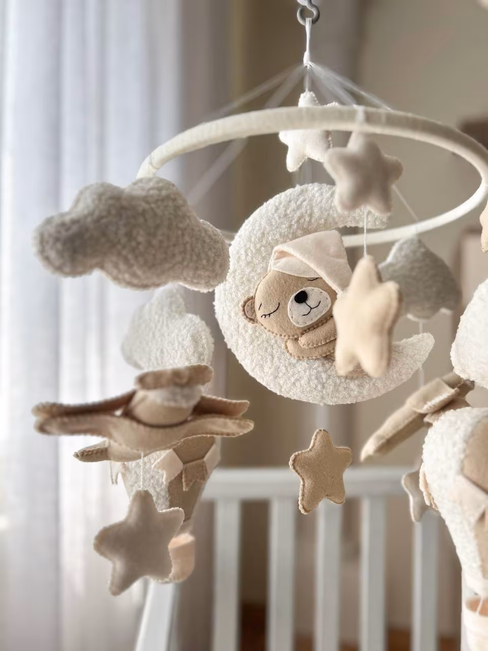 Hot Air Balloon and Airplane Baby Mobile, Neutral Teddy Bear Sleeping on Crescent Moon, Neutral Gender Crib Mobile for Boy Girl
