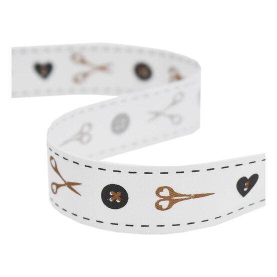Gold and Grey Buttons and Scissors Satin Ribbon 16mm x 4m