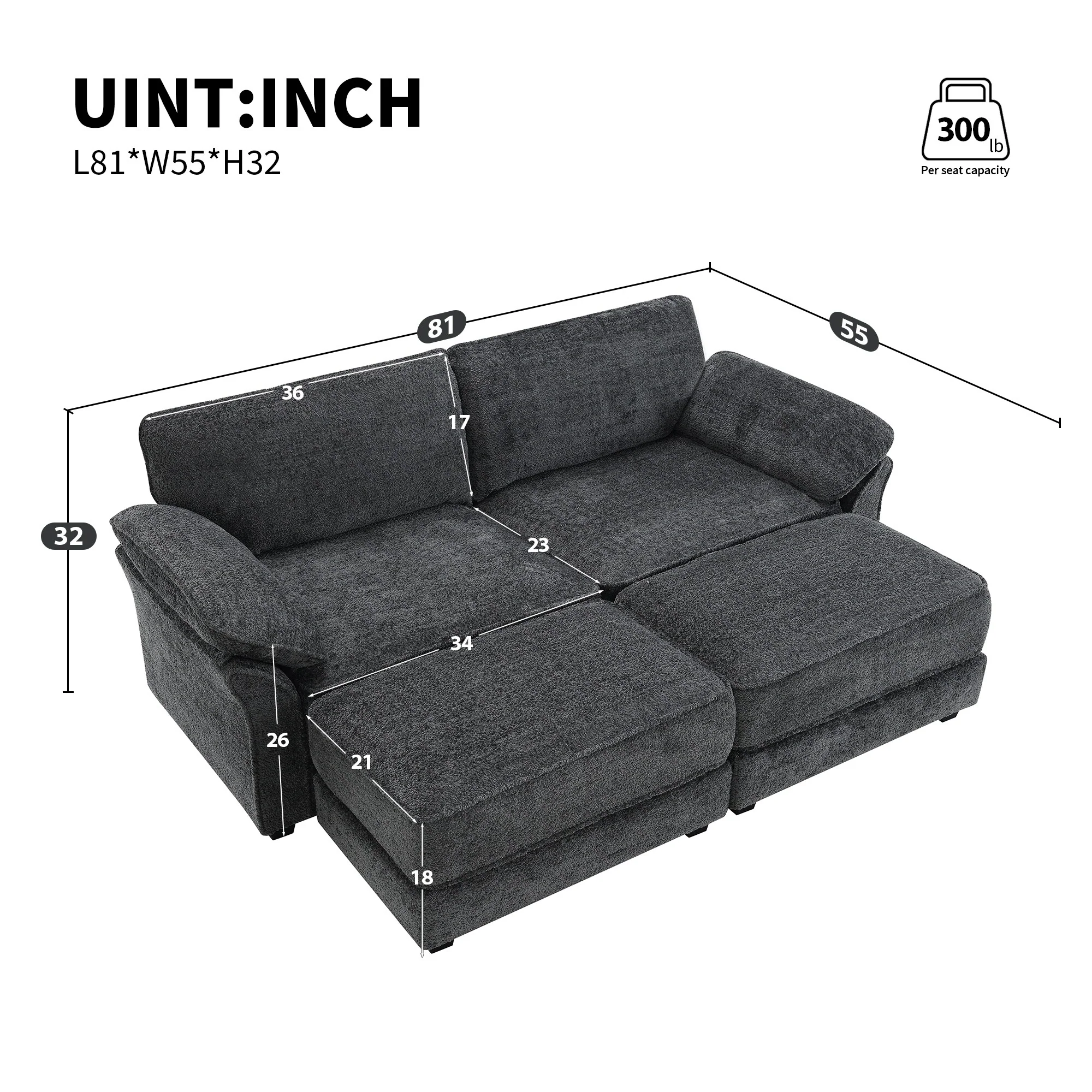 Grey 81'' Convertible 4-Seat Modular Sectional Sofa with Loveseat and Ottoman, Versatile Design for Living Room or Office