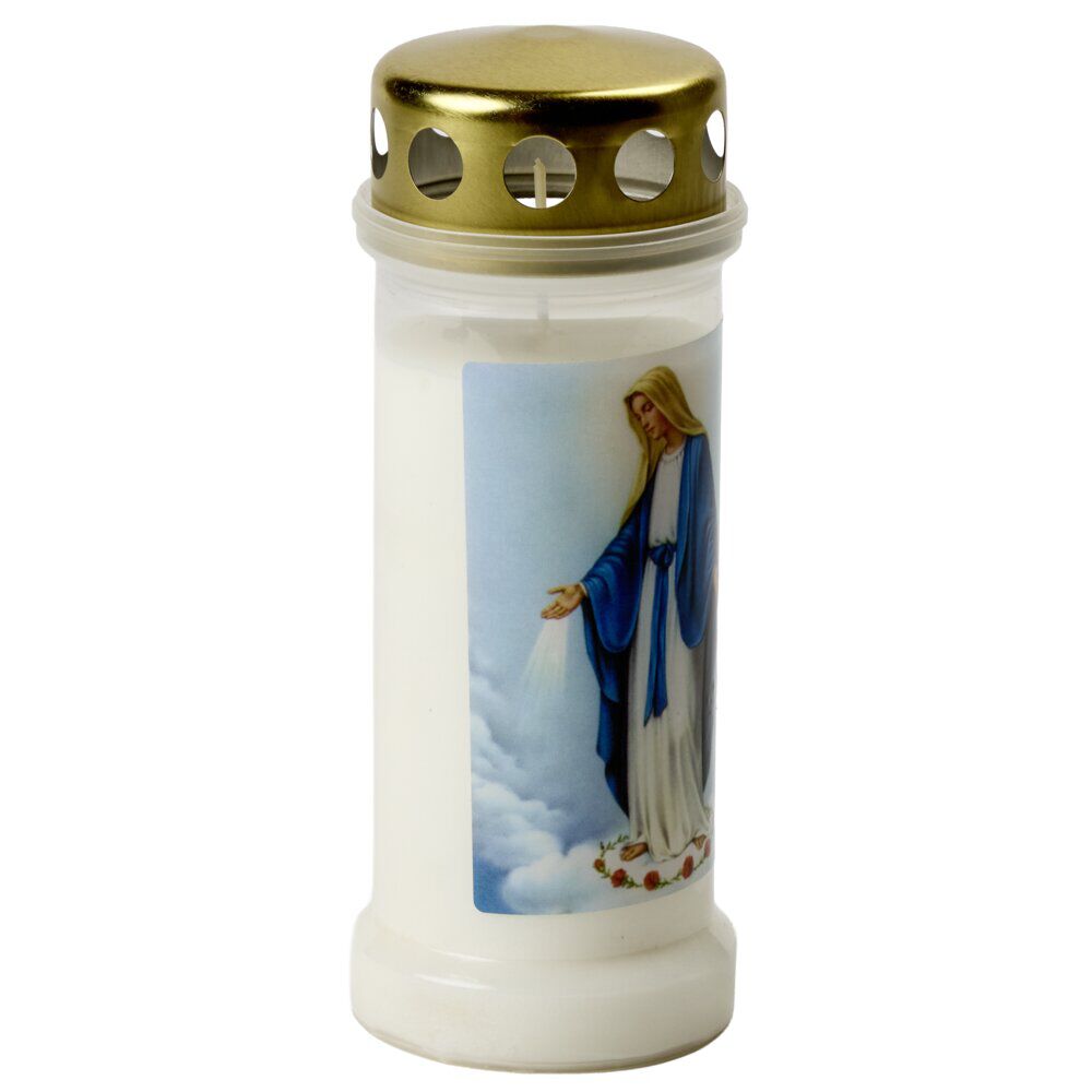 Bougie religieuse cire Vierge Marie plastique blanc Ø6,5xH17cm