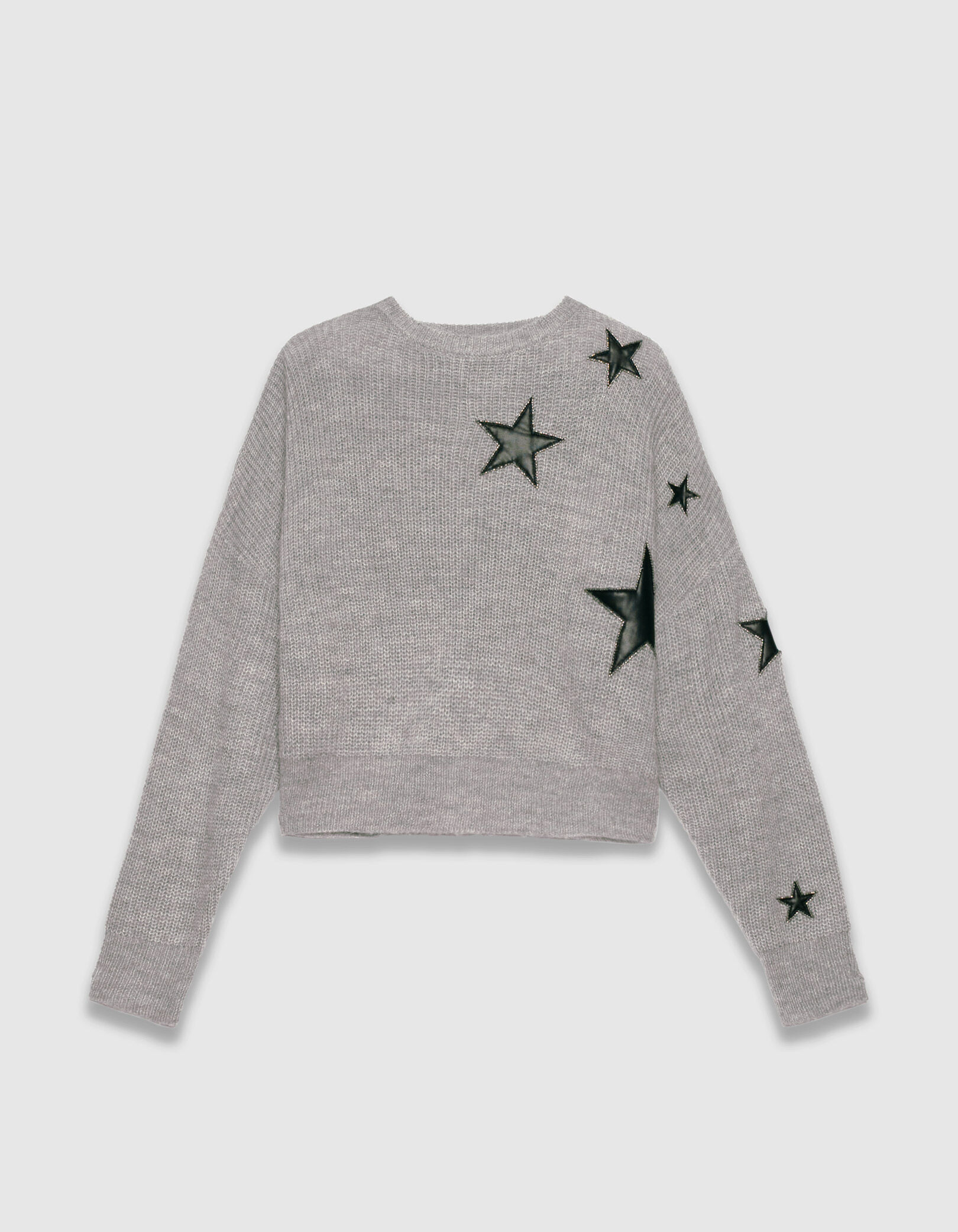 Pull gris tricot découpes rock étoiles et perles Femme