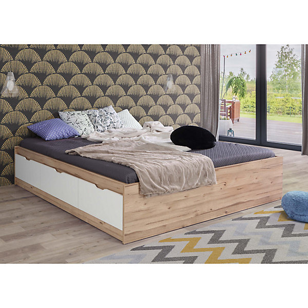 Lit 180 x 200 cm 3 tiroirs décor chêne naturel et blanc mat - ALBANE