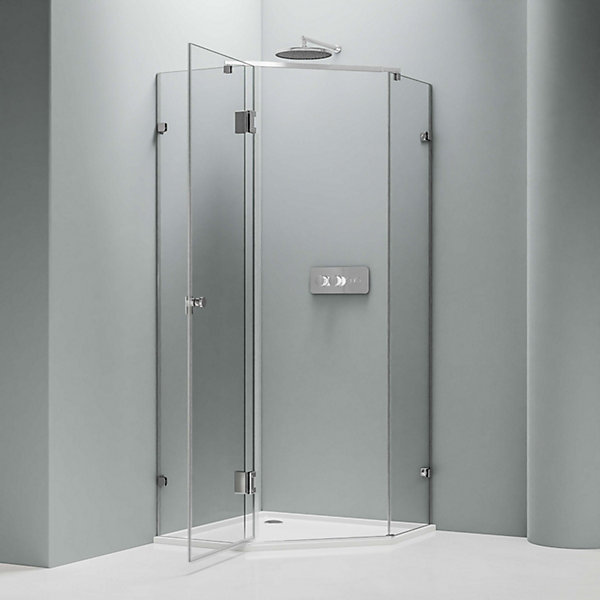 Paroi de douche pentagonale 80x80x195cm   receveur, en verre ESG 8mm, porte battante, Profil Chrome - EX415