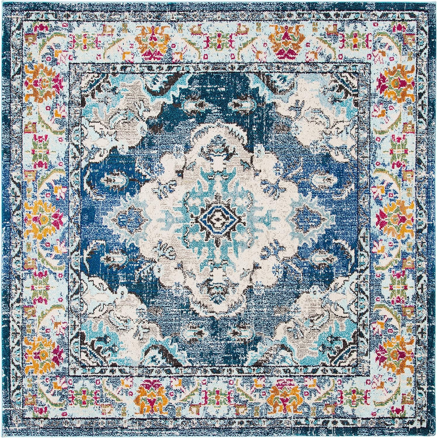 SAFAVIEH Monaco Collection Area Rug - 12' Square, Navy & Light Blue, Non-Shedding & Easy to Clean, Distressed Medallion Design, Ideal for Living Room, Bedroom, Dining Space (MNC243N)