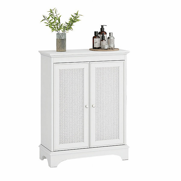 Armoire de salle de bains avec espace de rangement, blanche, porte en osier, étagère réglable