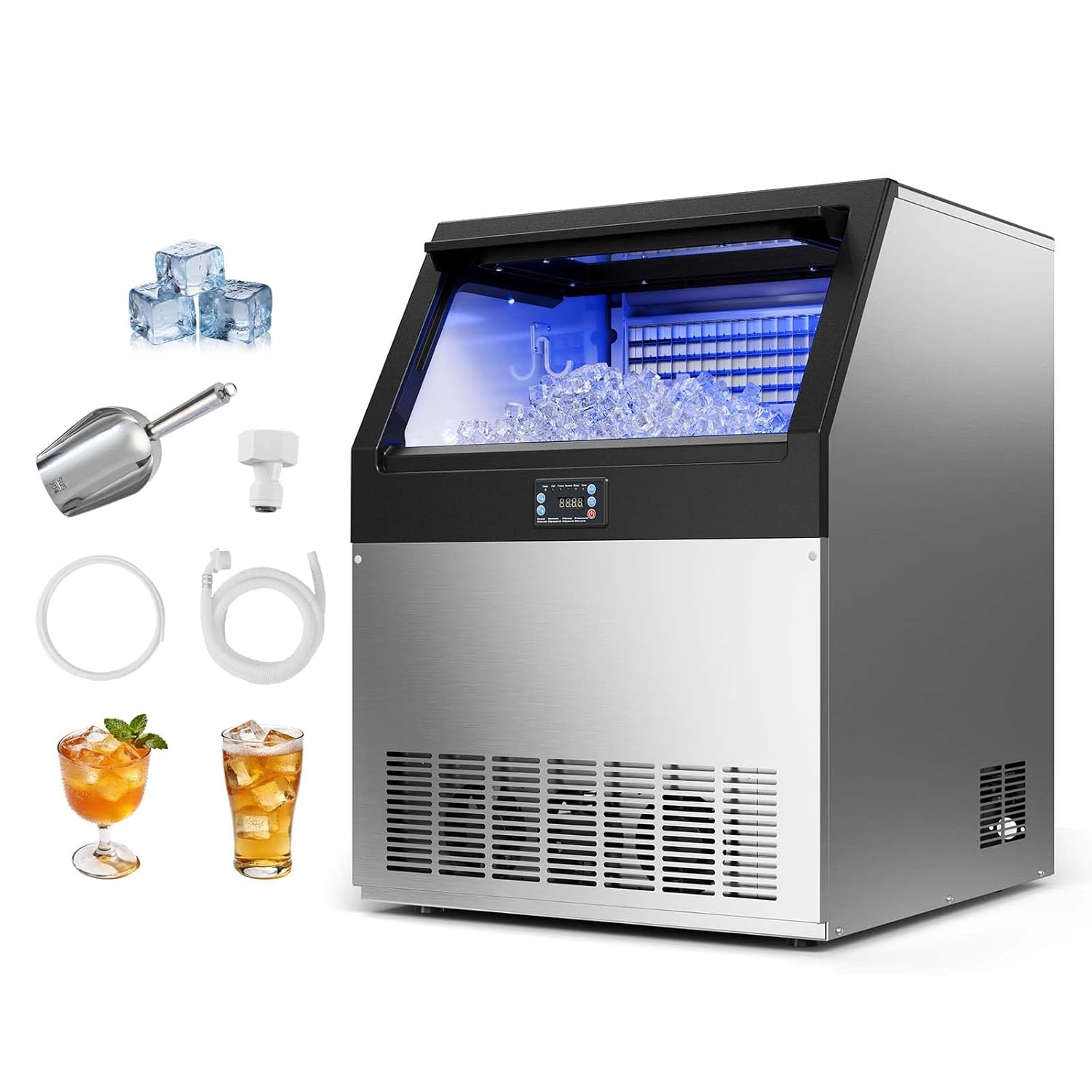 VEVOR Commercial Ice Maker Machine, 440 lbs/24h with 85 lbs Storage Capacity, Built-in/Freestanding/Under Counter, Stainless Steel Ice Maker with LED Display & Self-Cleaning, for Home Bar Restaurant