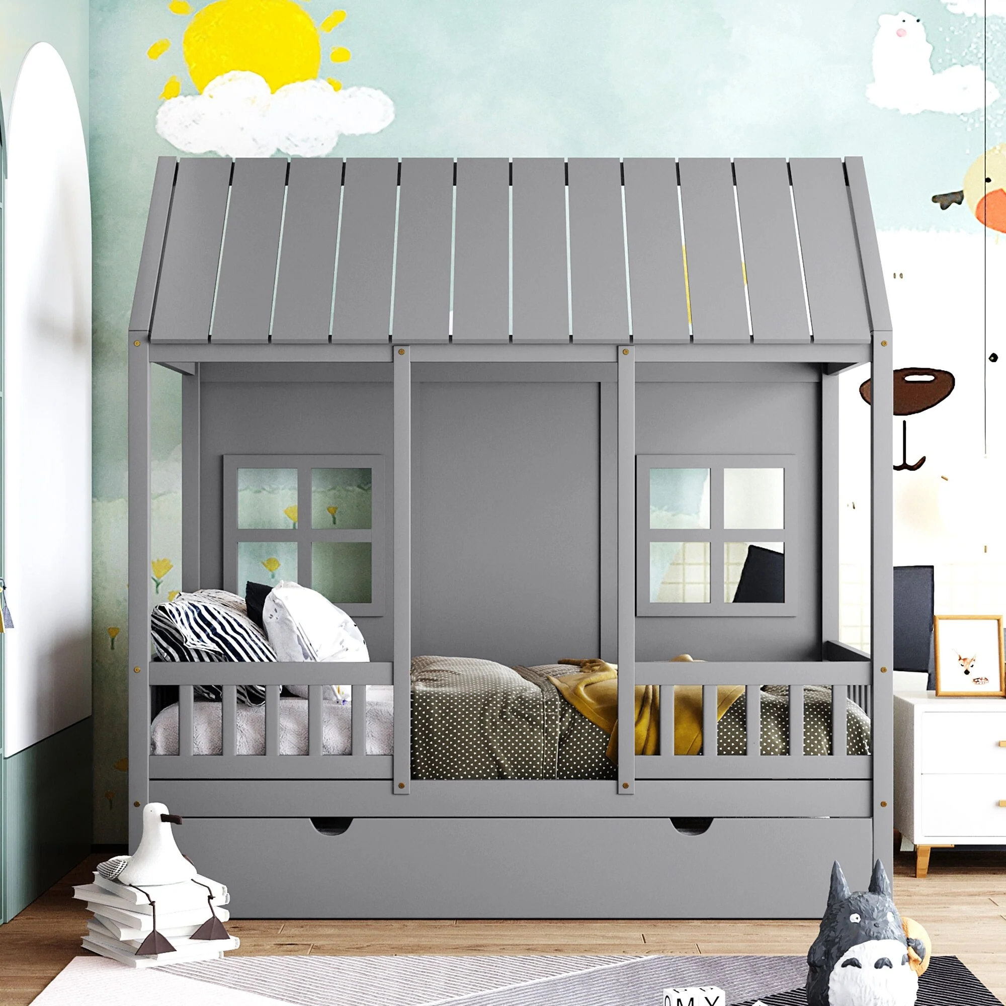 Twin Size Wood House Bed with Trundle and Window Design - Space-Saving Daybed