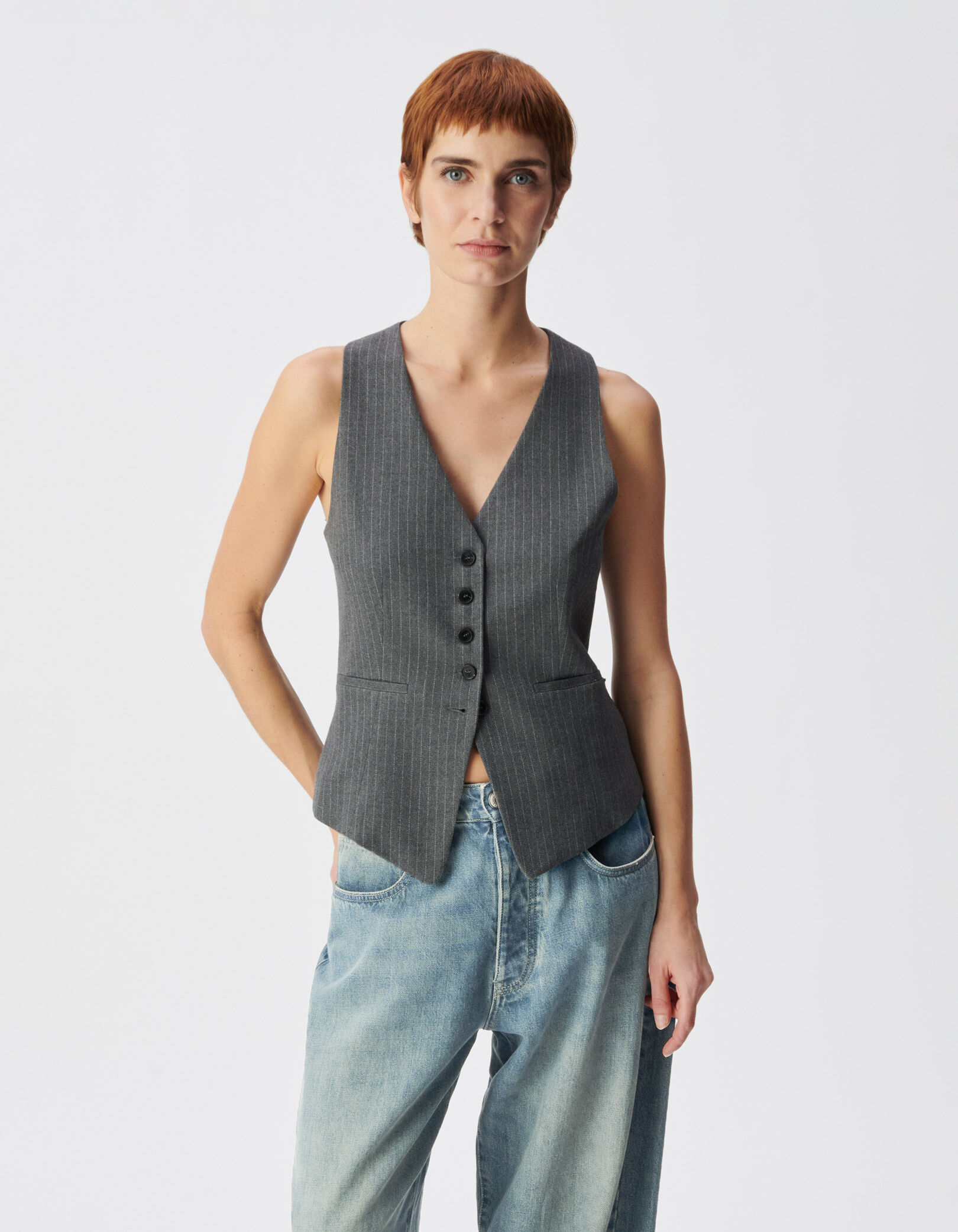 Gilet de costume sans manches gris rayures tennis Femme