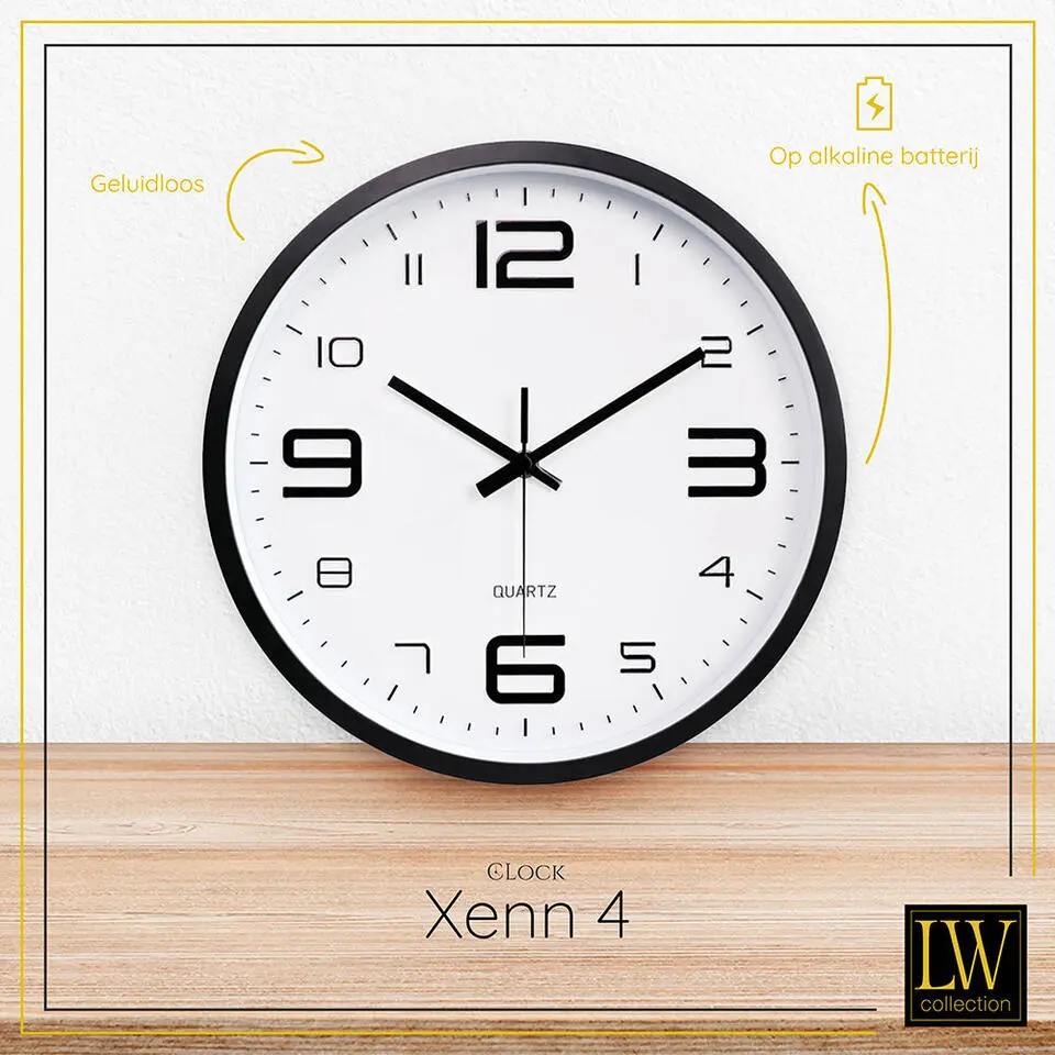 LW Collection Keukenklok Xenn4 zwart wit 30cm