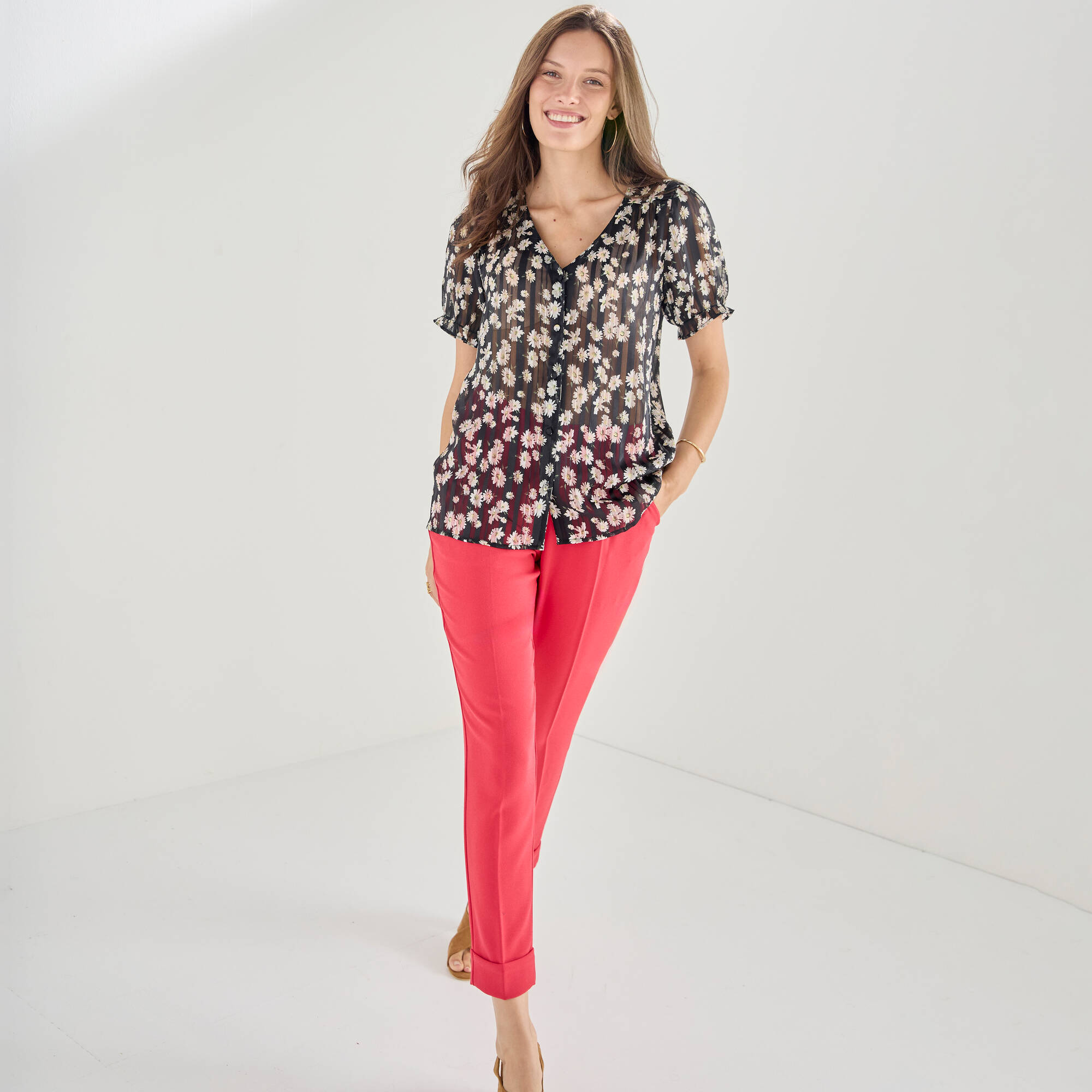 Chemisier manches blousantes imprimé floral, voile jacquard