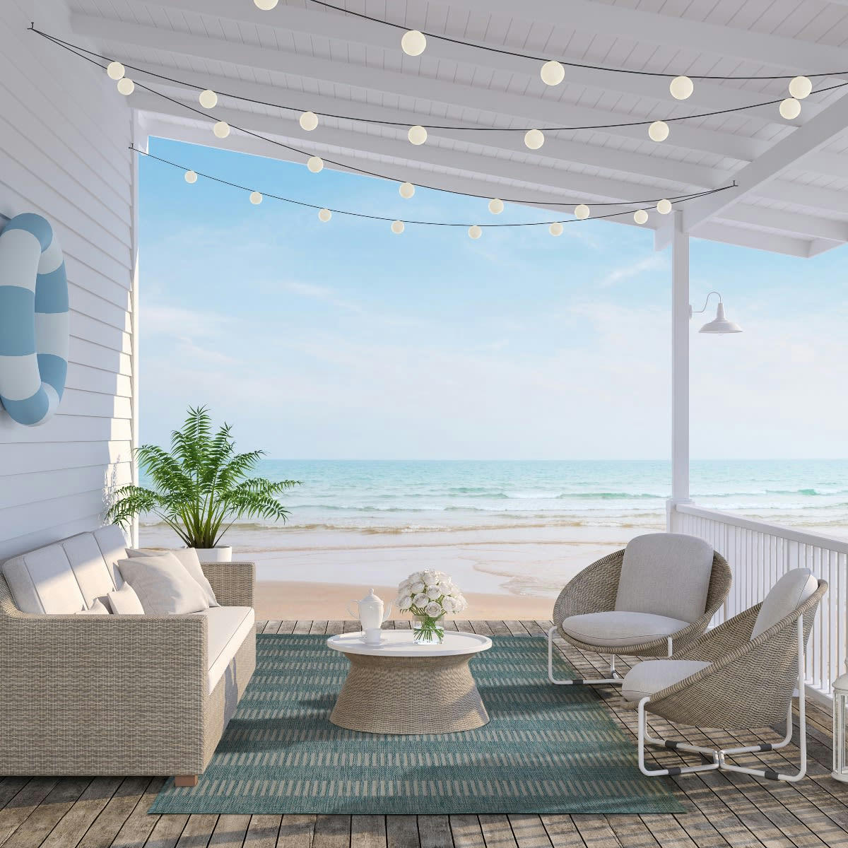 TERRAIN - Tapis intérieur-extérieur aspect jute motif lignes bleu 133x170