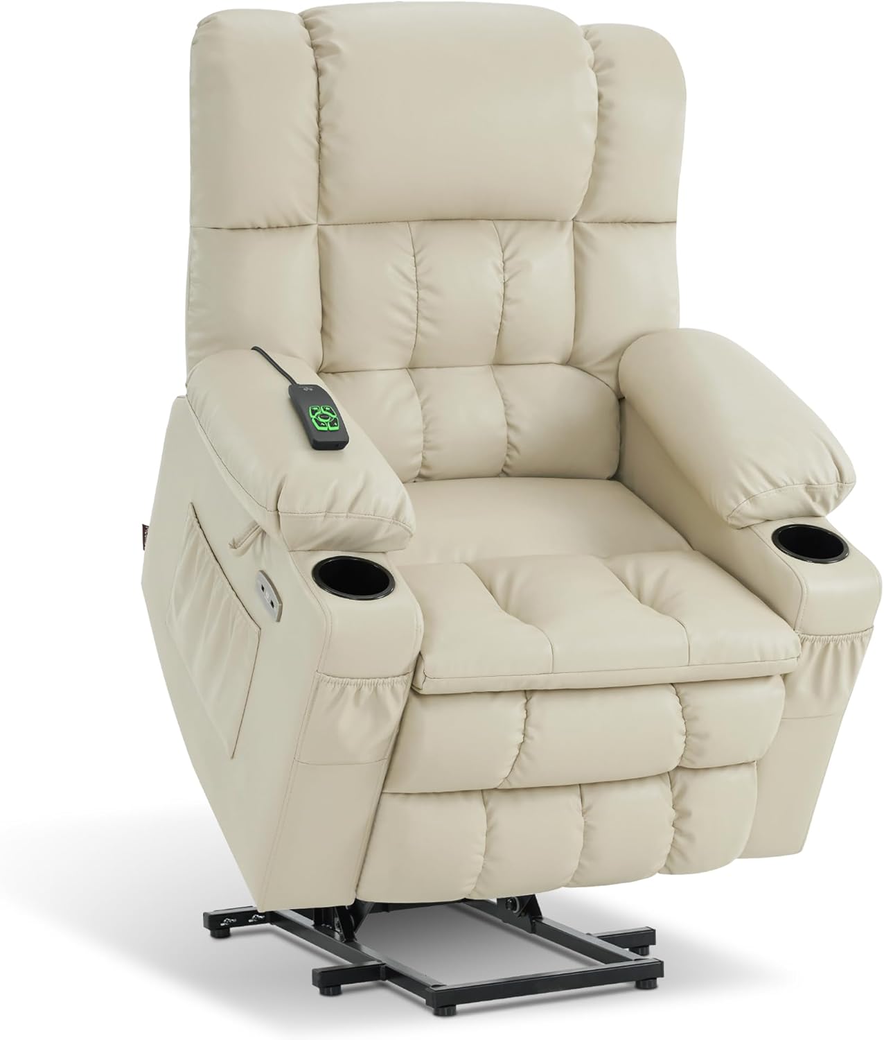 MCombo Dual Motor Power Lift Recliner Chair for Elderly, Lay Flat Lift Chair with Heat and Massage, Cup Holders, USB Ports, Faux Leather 7890 (Cream White, Medium)