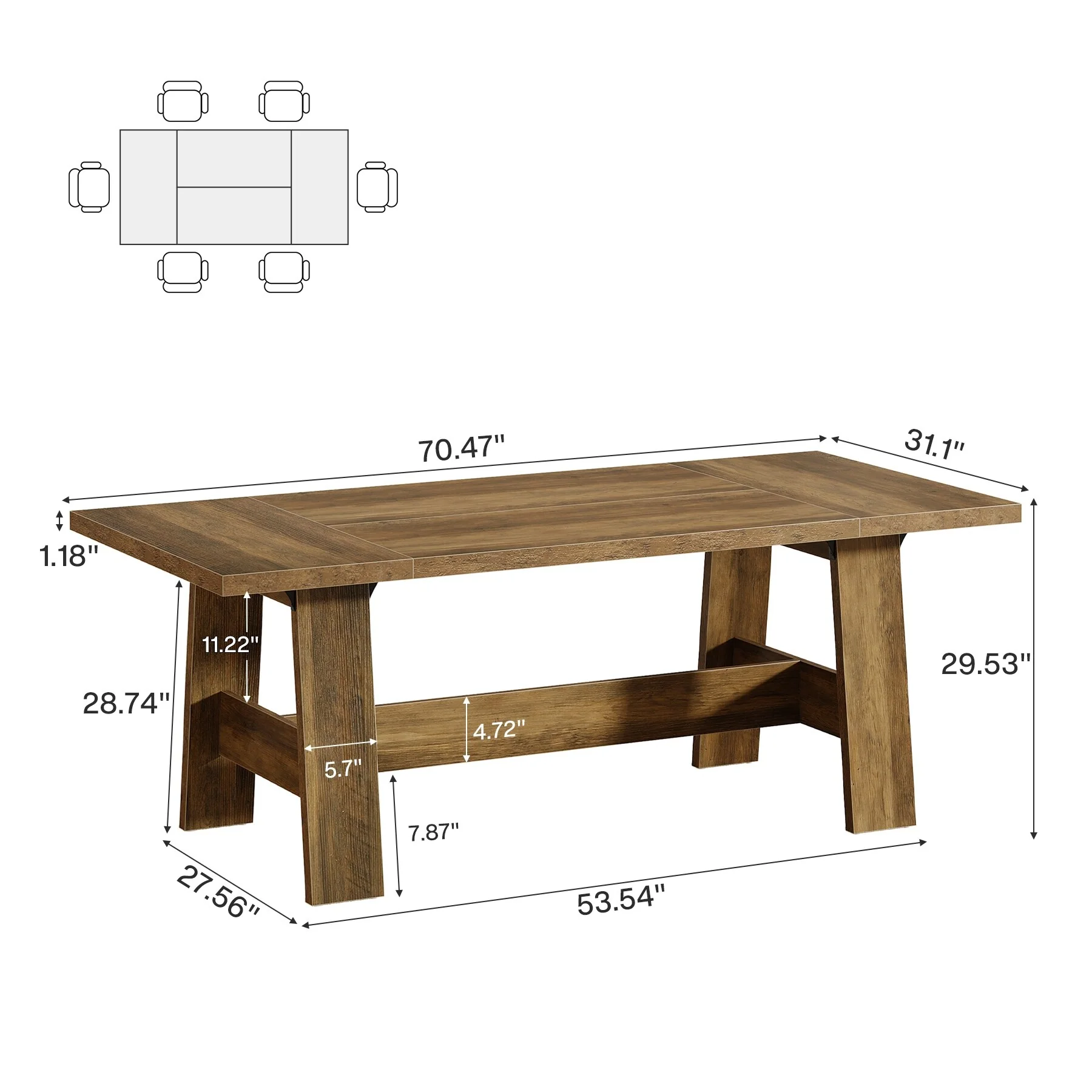 70-Inch Long Dining Table for 6-8 People, Rectangular Farmhouse Kitchen Table - 70.47W x 31.1D x 29.53H