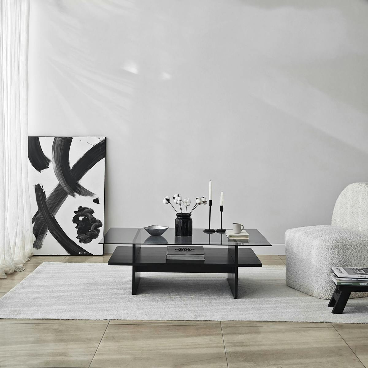 Table basse design 2 plateaux, verre fumé et noir SALTA