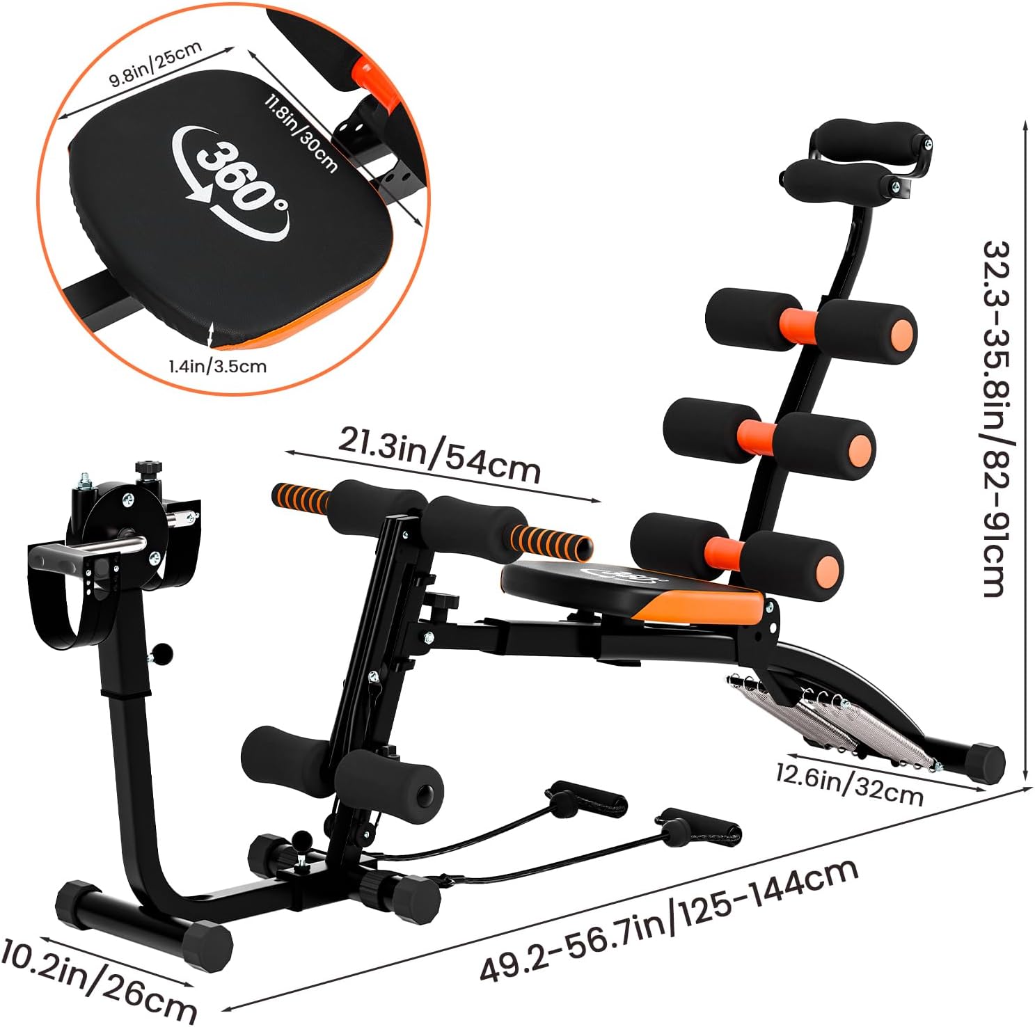 Ab Machine for Home Gym, 6 in 1 Adjustable Ab Workout Bench and Core Trainer, Foldable Sit Up Equipment with Resistant Bands for Total Body Fitness