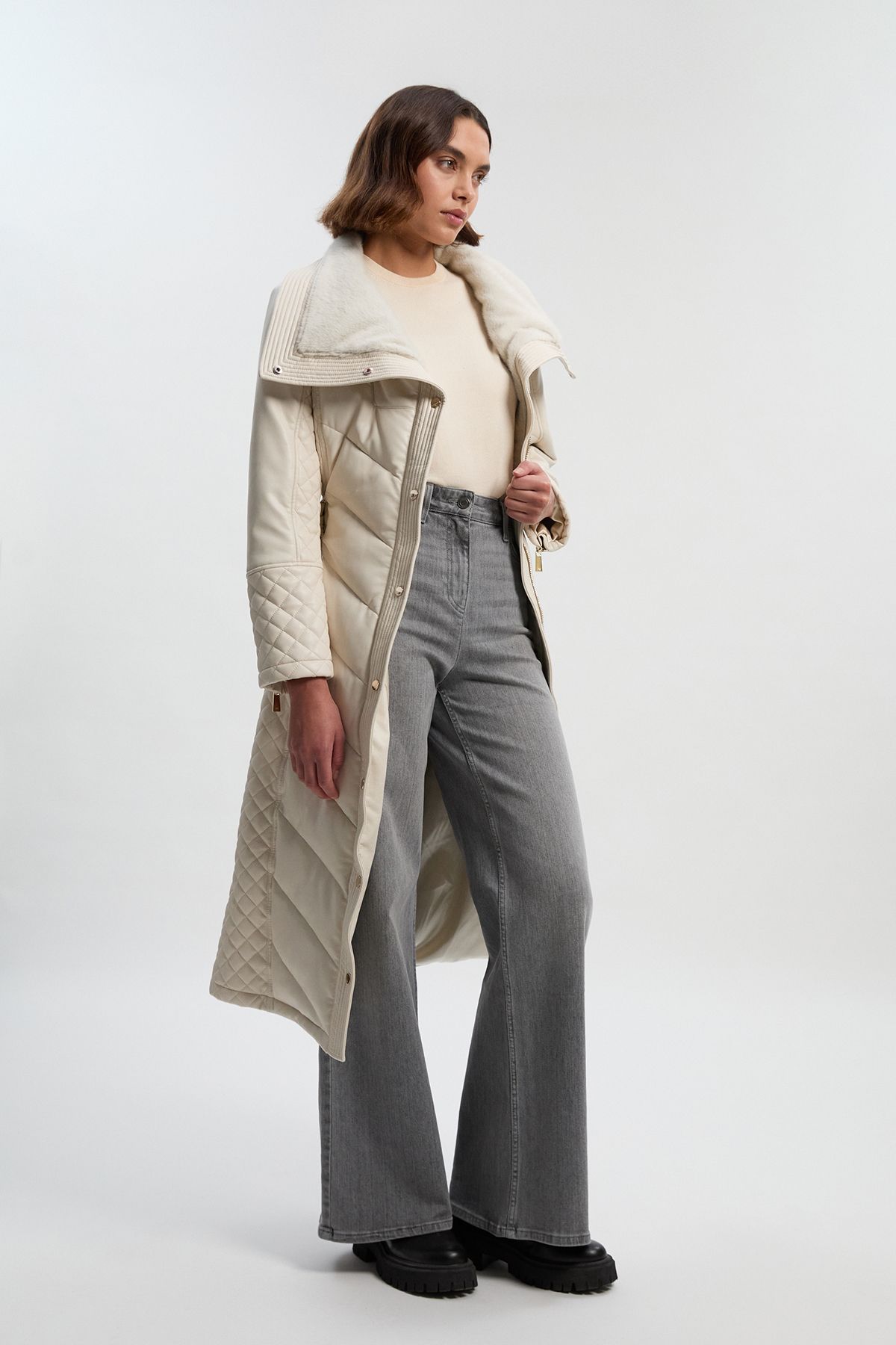 KarenMillen Padded Faux Leather & Faux Fur Mix Midi Coat