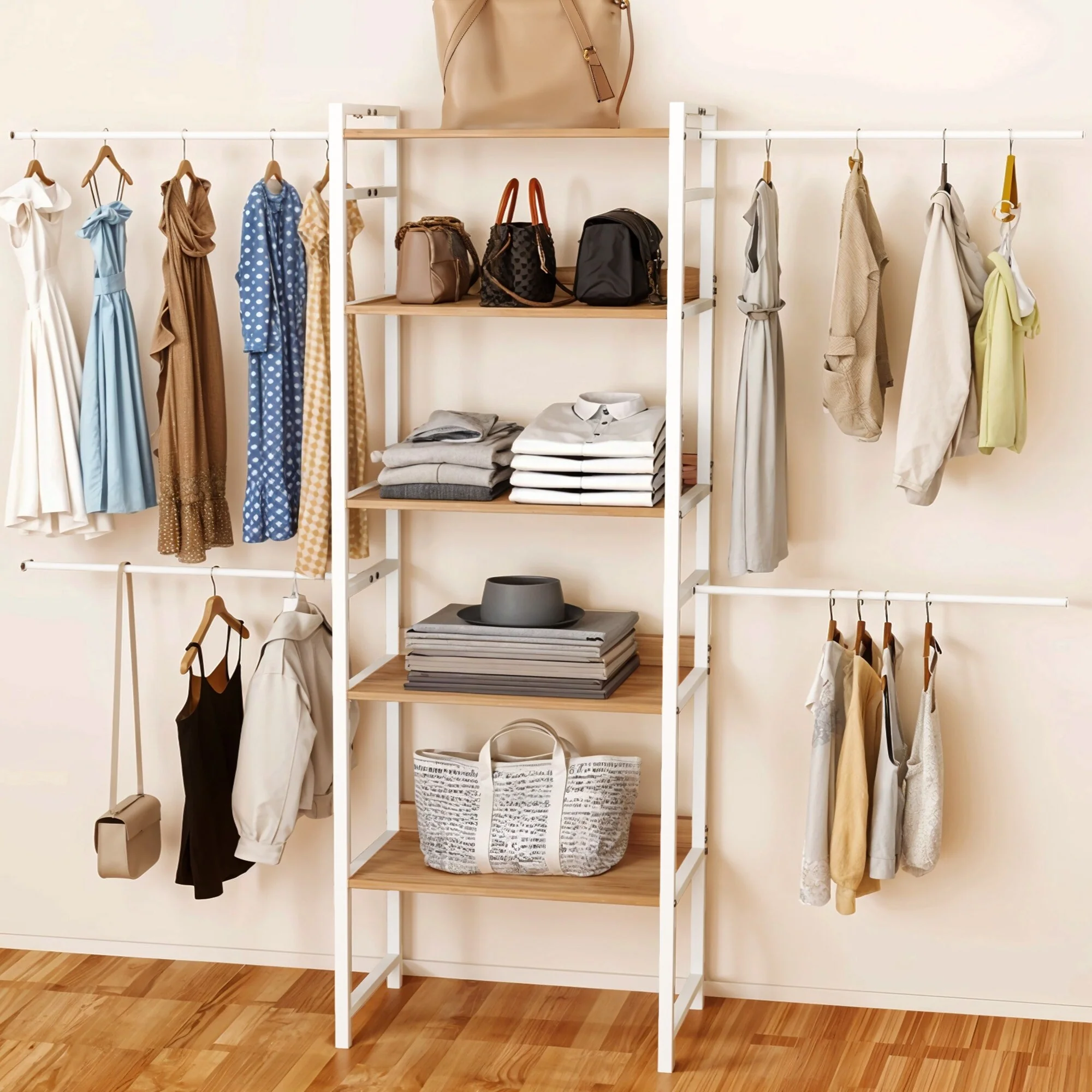 Moasis 70.8- 105 W 5-Tier Wood Clothes Rack Storage Shelves with 4 Expandable Hanger Rods