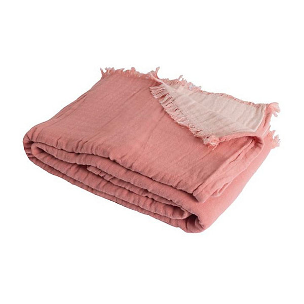 Couverture plaid 100% coton rose saumon avec franges 180x220cm BITALD - SACASA