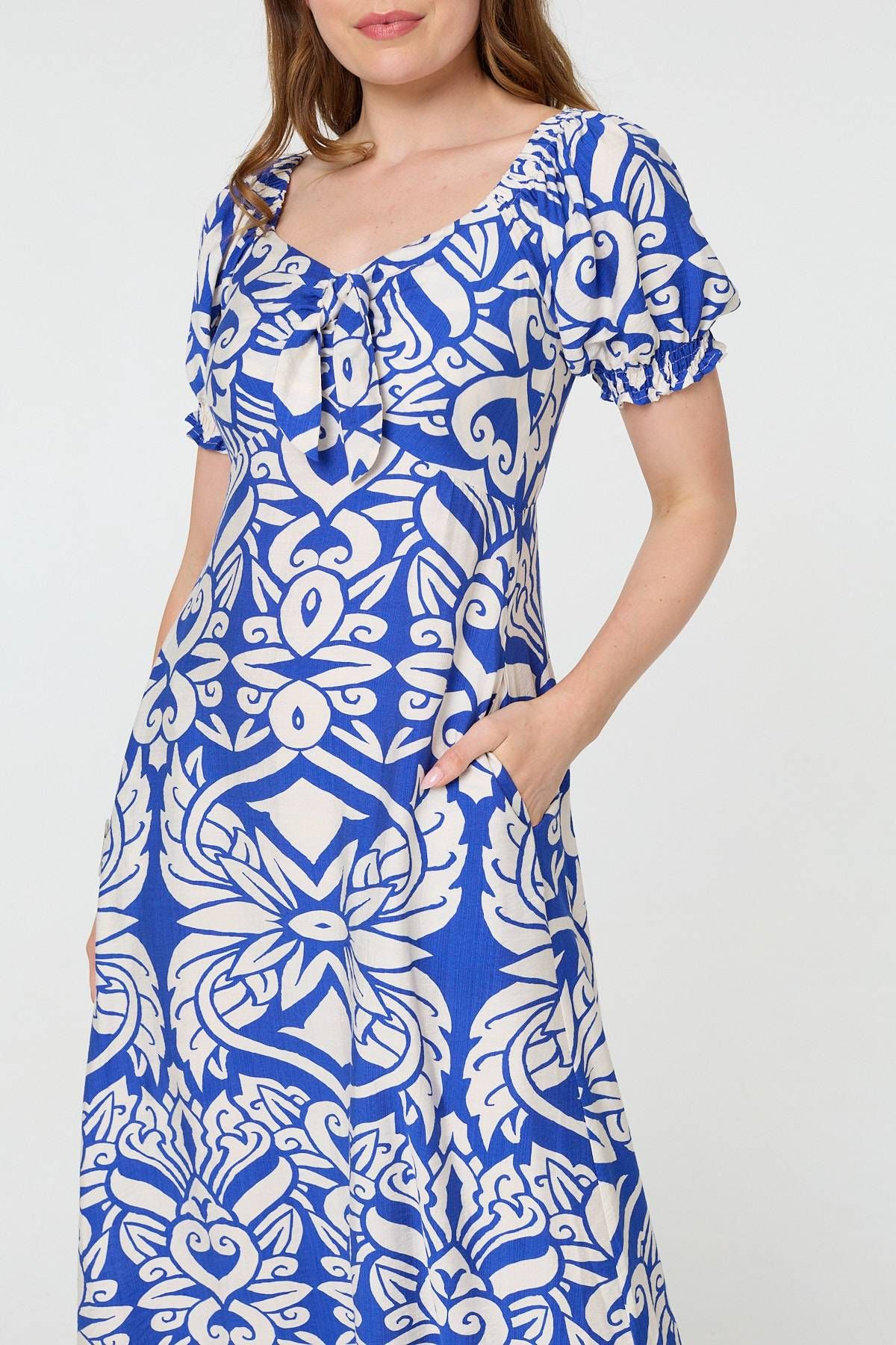 Izabel London Printed Puff Sleeve A-Line Midi Dress