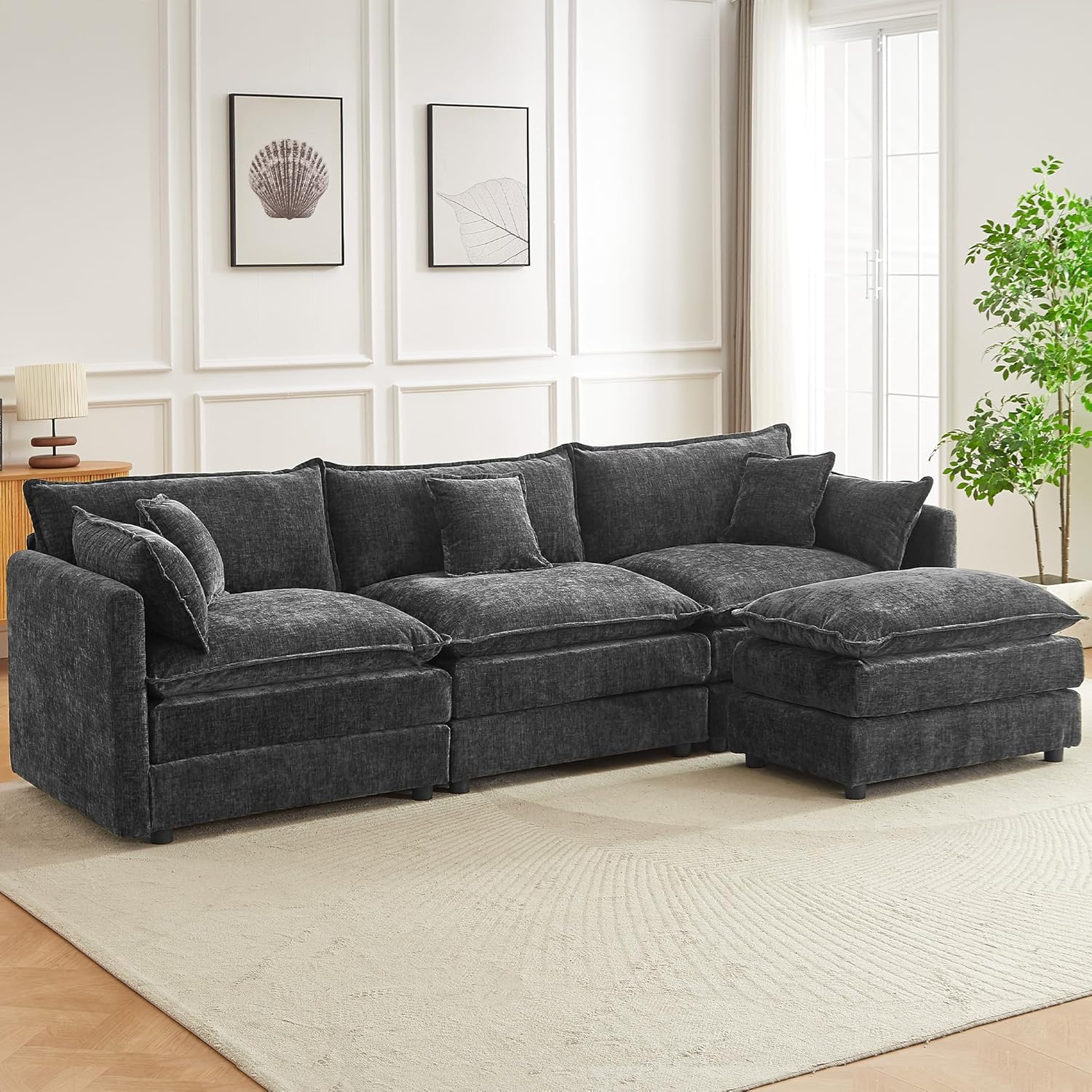 Modular Sectional Sofa 112.2 Inch L Shaped Couch Set with Armrests, 3-Seater Comfortable Cloud Couches with Movable Ottoman for Living Room Apartment, Grey