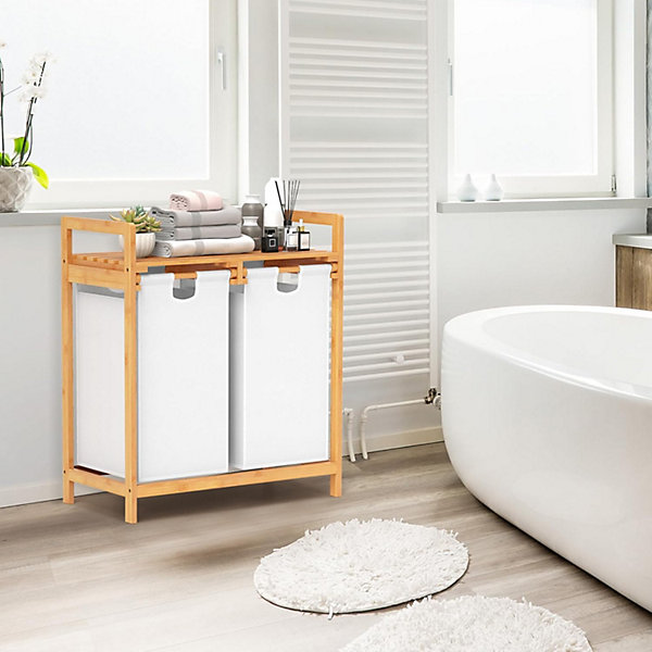 Panier à Linge 2 Compartiments,en Bambou, étagère de Rangement, Poignée Pratique, pour Salle de Bain, Buanderie, Salon (Blanc)