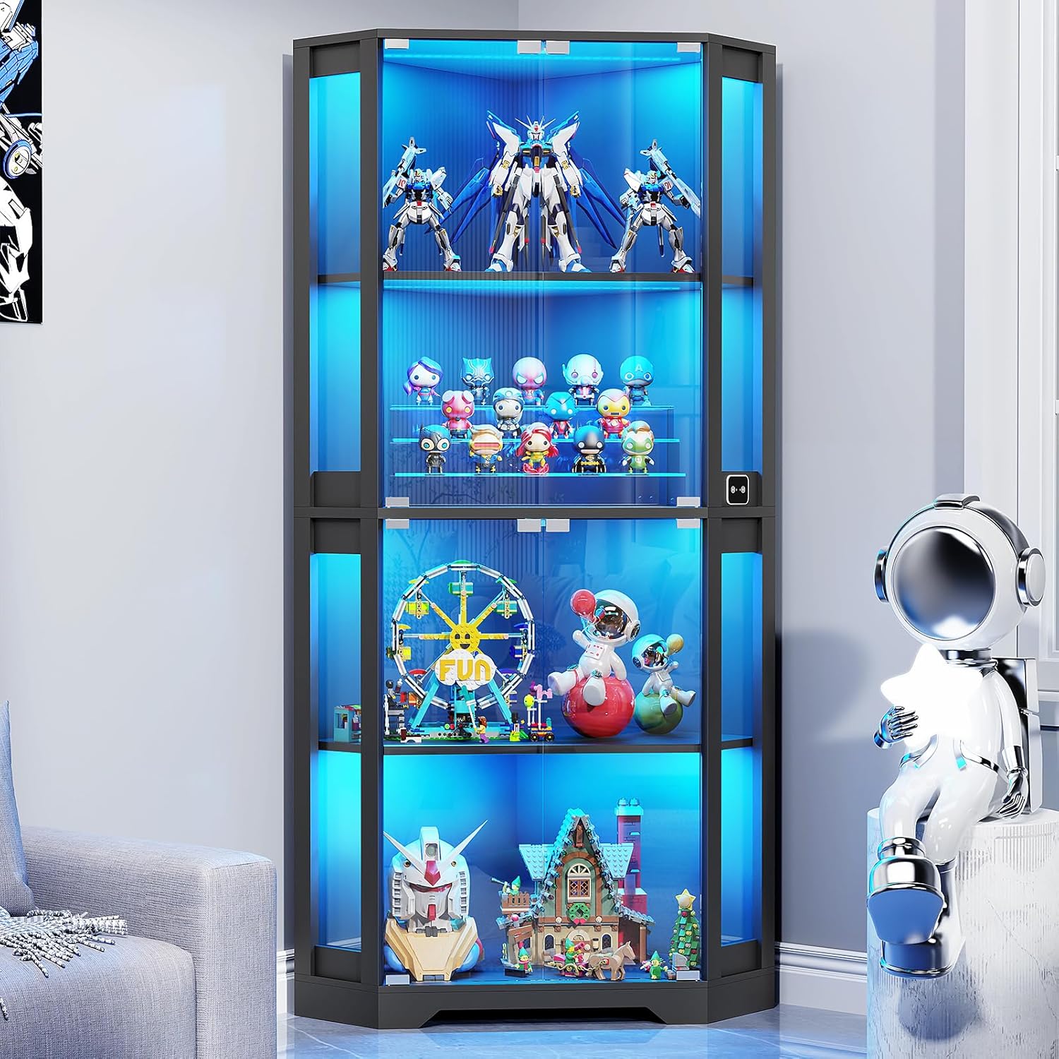 BROTTAR Corner Display Cabinet with Glass Doors, 65 Lighted Curio Cabinet with 3 Color LED Lights for Collectibles, 4-Tier Showcase Display Case with Human Body Sensor for Toys, Books, Black