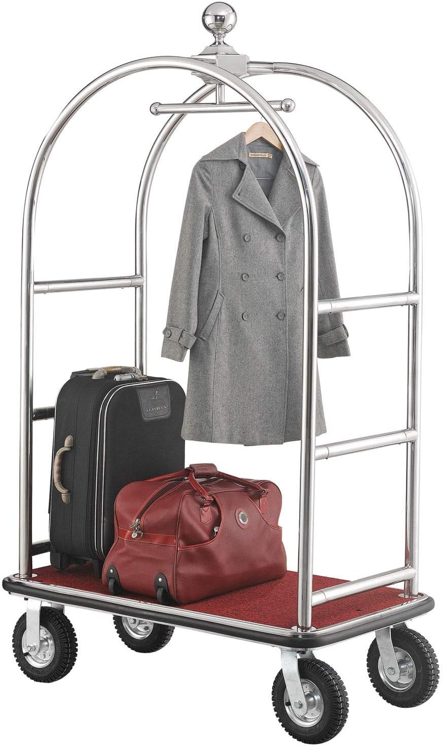 Global Industrial Silver Stainless Steel Bellman Cart Curved Uprights 8 Pneumatic Casters, 41-1/4L x 24 W x 75 H, Hotel Luggage Cart for Commercial Use, Condos, Resorts