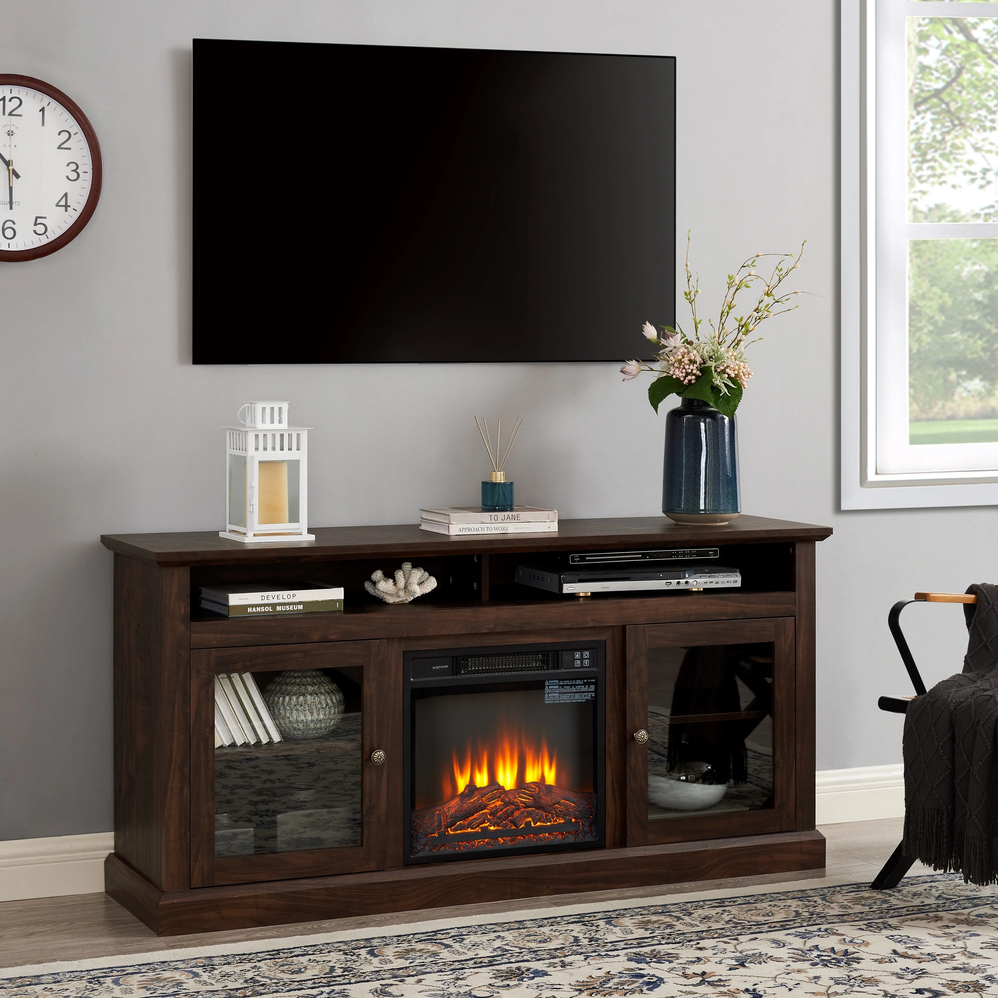 Brown 60 Fireplace TV Stand with Glass Doors & Storage for TVs Up to 65
