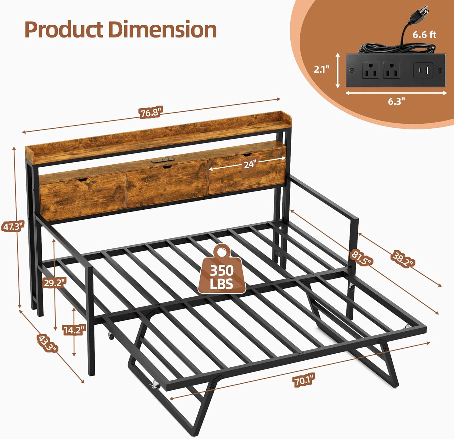 Betterhood Daybed with Trundle, Twin to King Bed Daybed Trundle Bed, Heavy Duty Metal Bed Frame with Storage Headboard & Charging Station, Day Bed Frame for Living Room Bedroom Guest Room (Daybed)