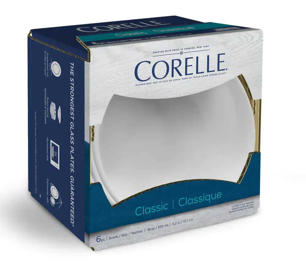 Corelle 6pc Classic Glass Caterer Bowl Set, Chip Resistant, White