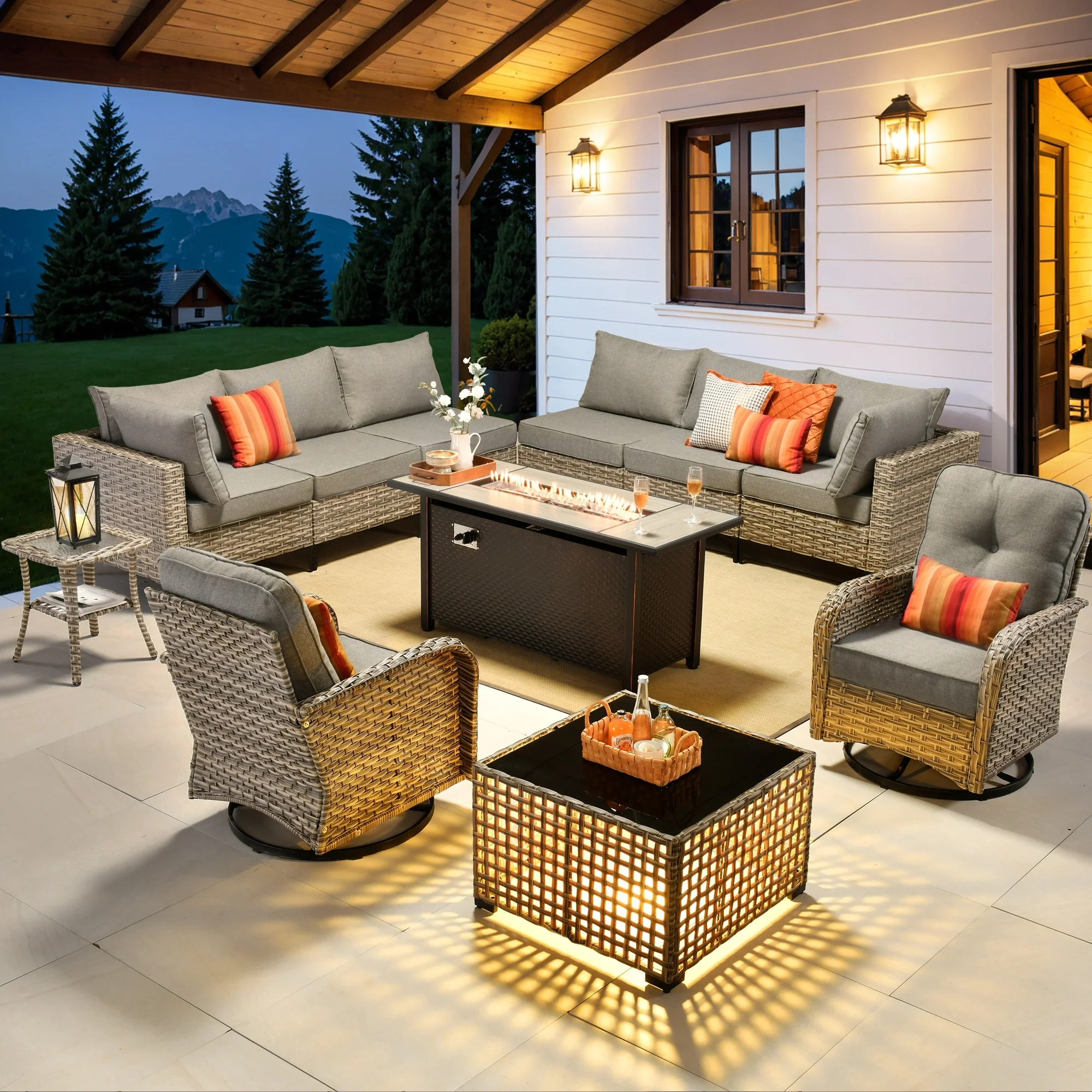OVIOS 11 Pieces Outdoor Wicker Swivel Chair Set With Fire Table