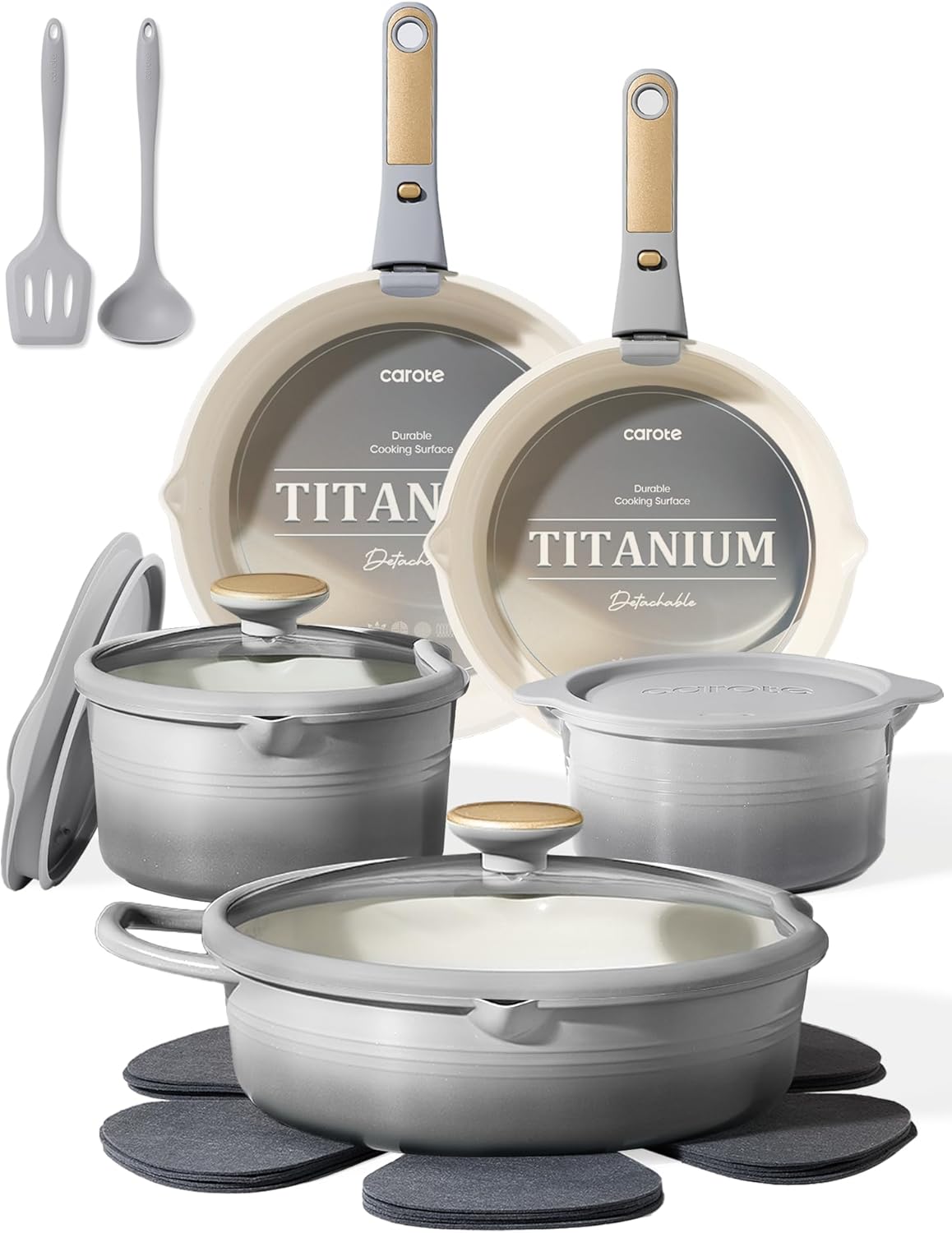 CAROTE 17Pcs Titanium Cookware Set, Pots and Pans Set Non Stick, Kitchen Cooking Set with Detachable Handle, Non Toxic Induction Cookware, Dishwasher/Oven Safe