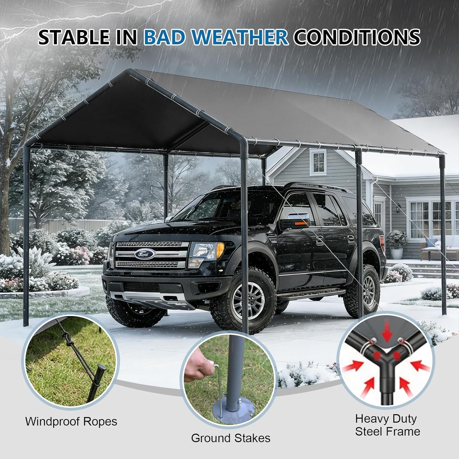 10x20ft Heavy Duty Carport Canopy, Portable Outdoor Garage Shelter, Waterproof UV Protected All Season Car Tent for Auto, Truck, SUV, Boat, Grey