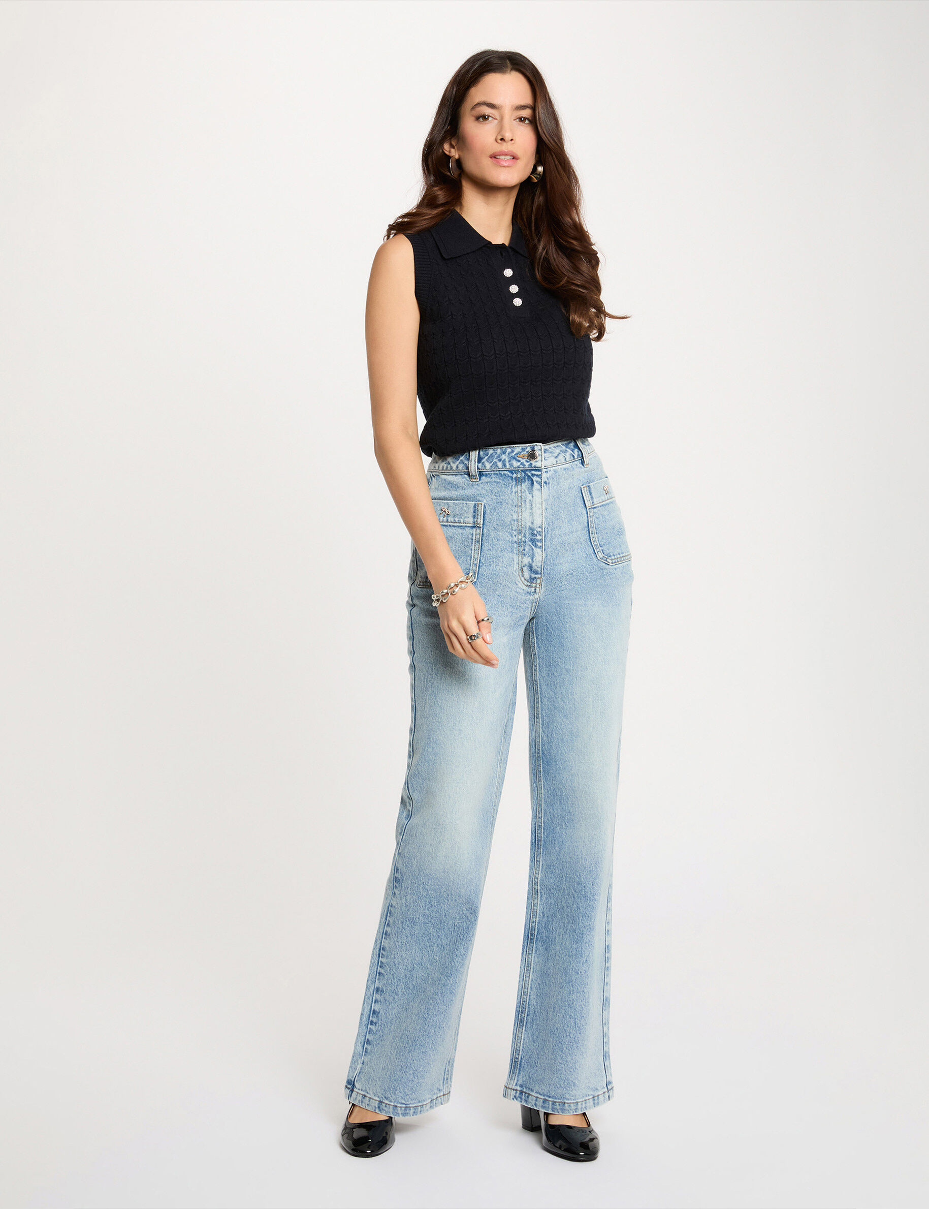 Wide-Leg High-Waisted Jeans Heavy Stone Wash Denim Women