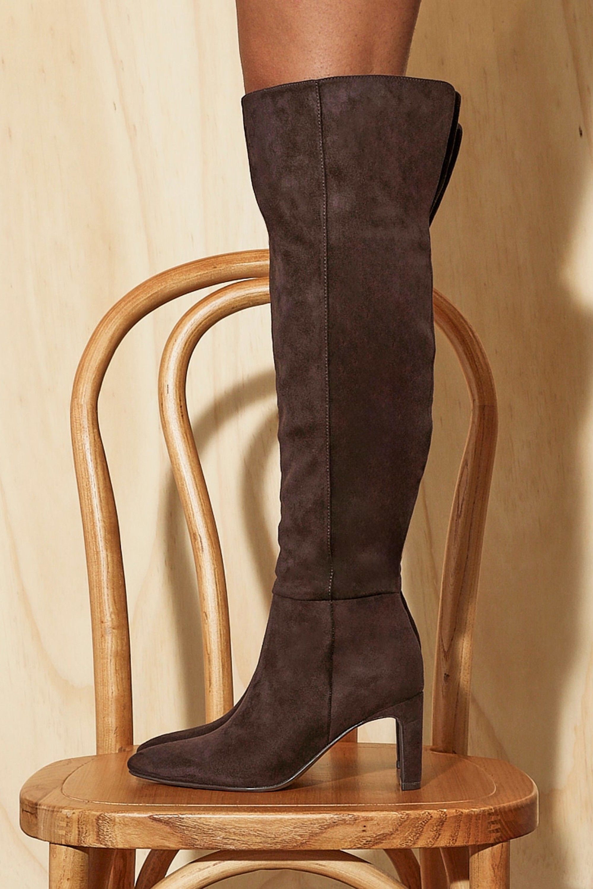 Linzi Demand Brown Faux Suede Over The Knee Block Heeled Boot
