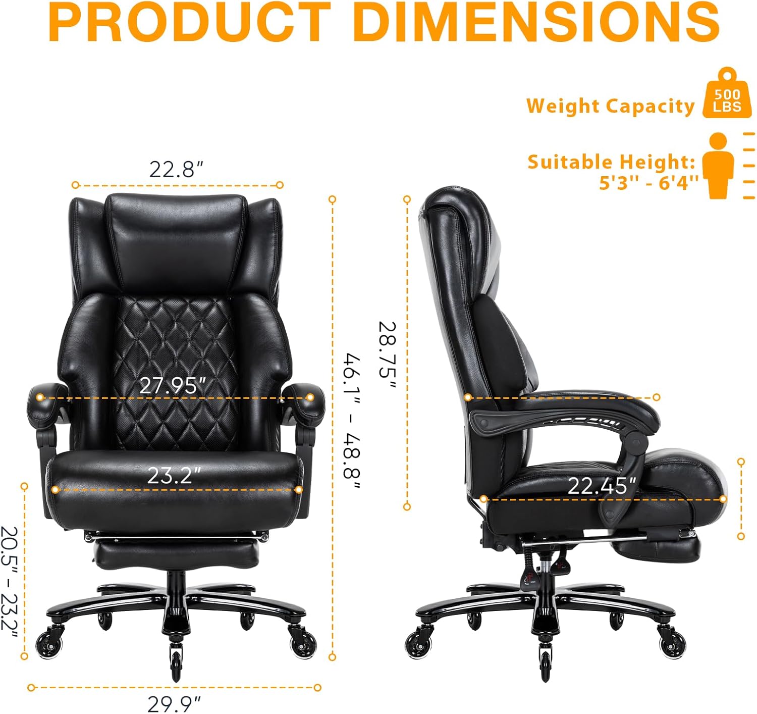 Executive Office Chair with Foot Rest Big and Tall Office Chair for Heavy People Ergonomic High Back Recline Chair Large Computer Desk Chair Black
