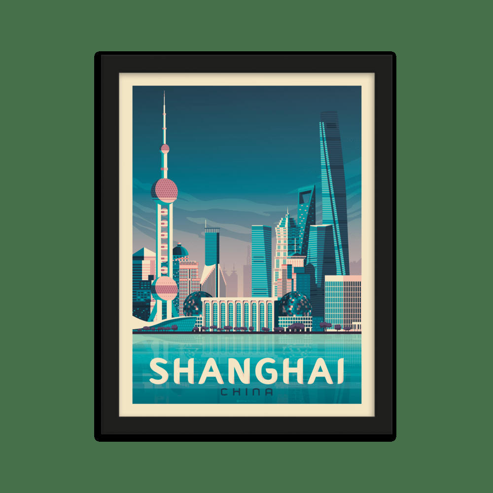 - Affiche Shanghai Chine + Cadre Bois noir 21x29,7 cm