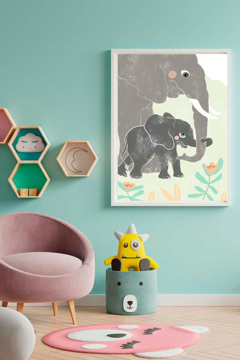 DECOWALL - Impression de éléphant fantasy encadrée en bois blanc 43X33 cm