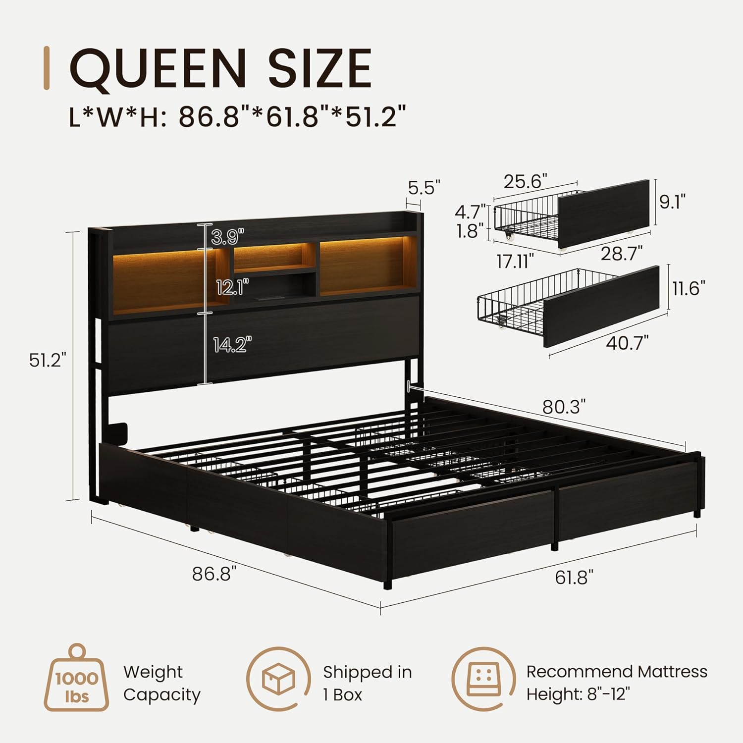 Queen Storage Bed Frame with 6 Drawers, USB Charging Station, No Noise, No Box Spring Required, Vintage Black Headboard Platform Bed