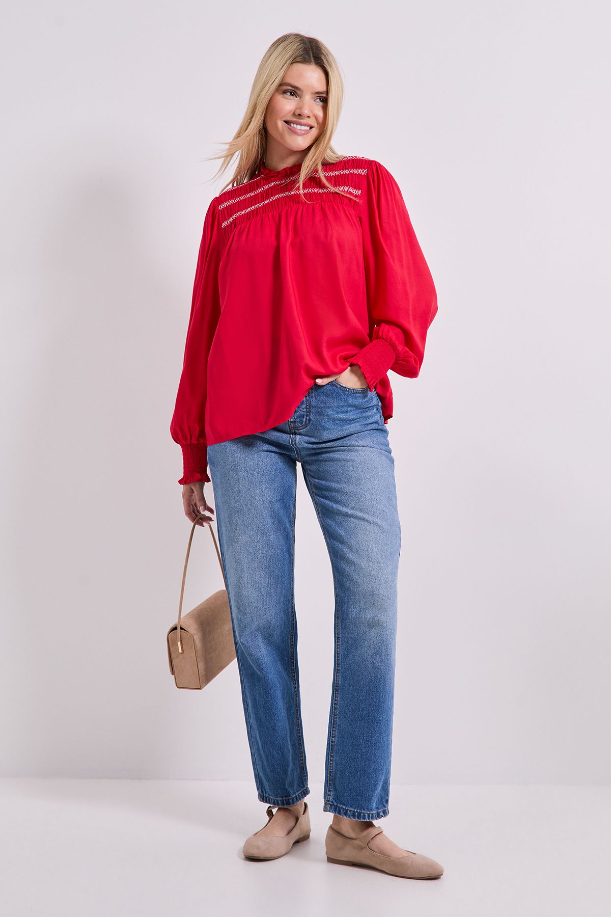 Dorothy Perkins Contrast Stitching Shirred Yoke Long Sleeve Blouse