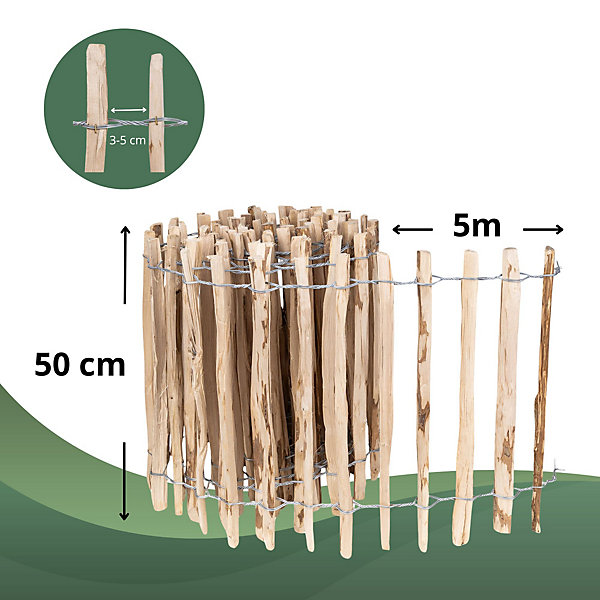 Creative Home Clôture en Bois de Noisetier - 50 cm x 5 m - Clôture en Rouleau avec Espacement de 3-5 cm - Bordure de Jardin