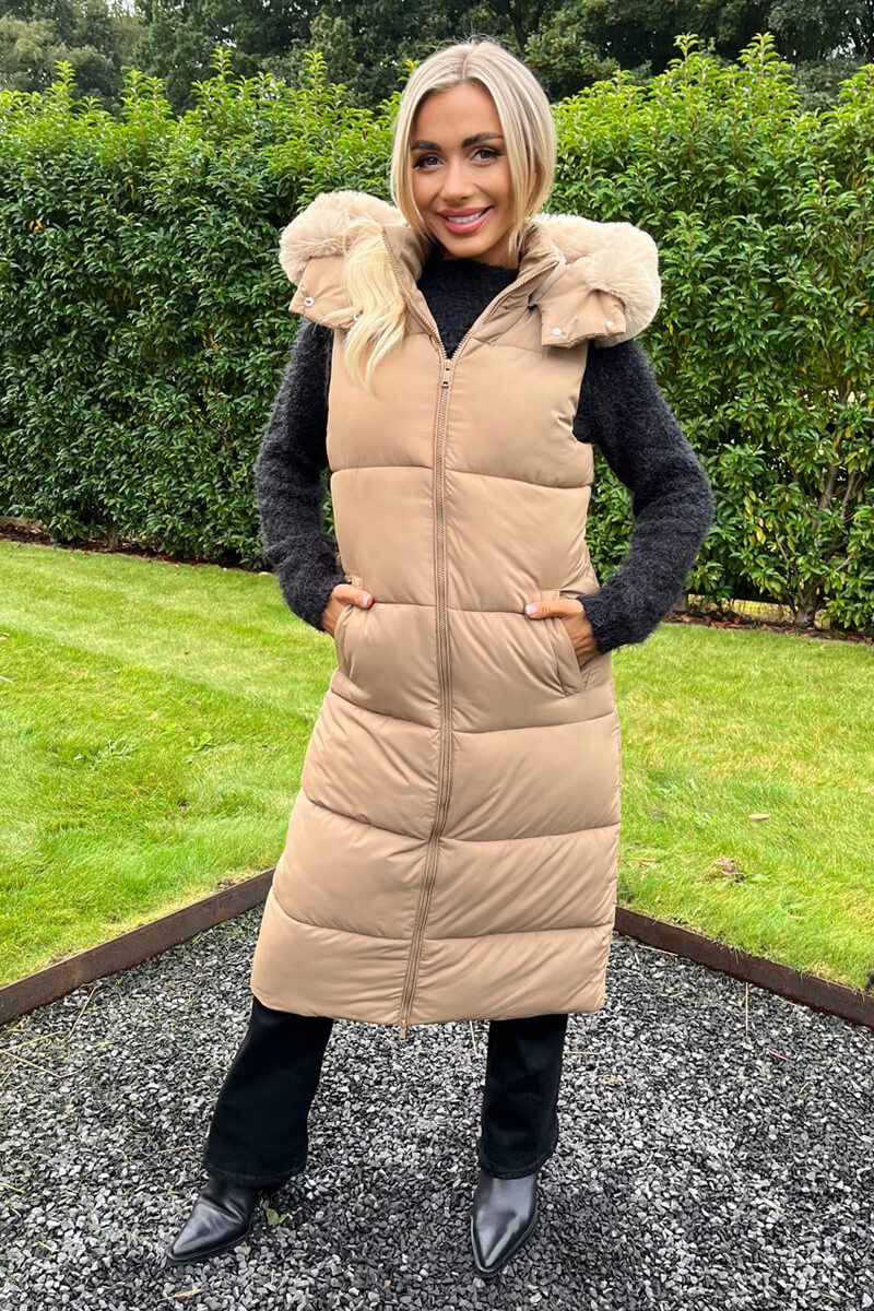 AX Paris Biscuit Faux Fur Hooded Longline Padded Gilet