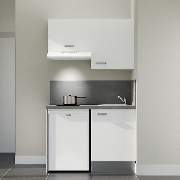 Kitchenette K01 - 120 cm - Façades : Blanc - Plan de travail : Gris béton - Crédences : Oui - Evier Inox