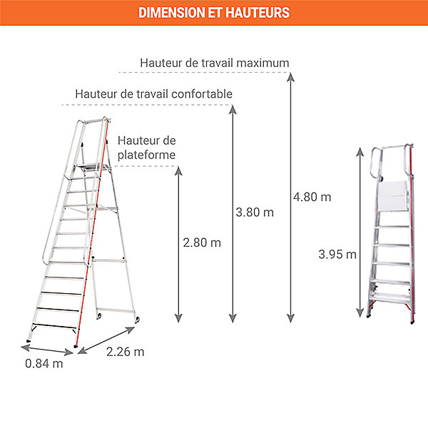 Escabeau grande plateforme 12 marches R13 - hauteur max de travail 4.80m - 868112