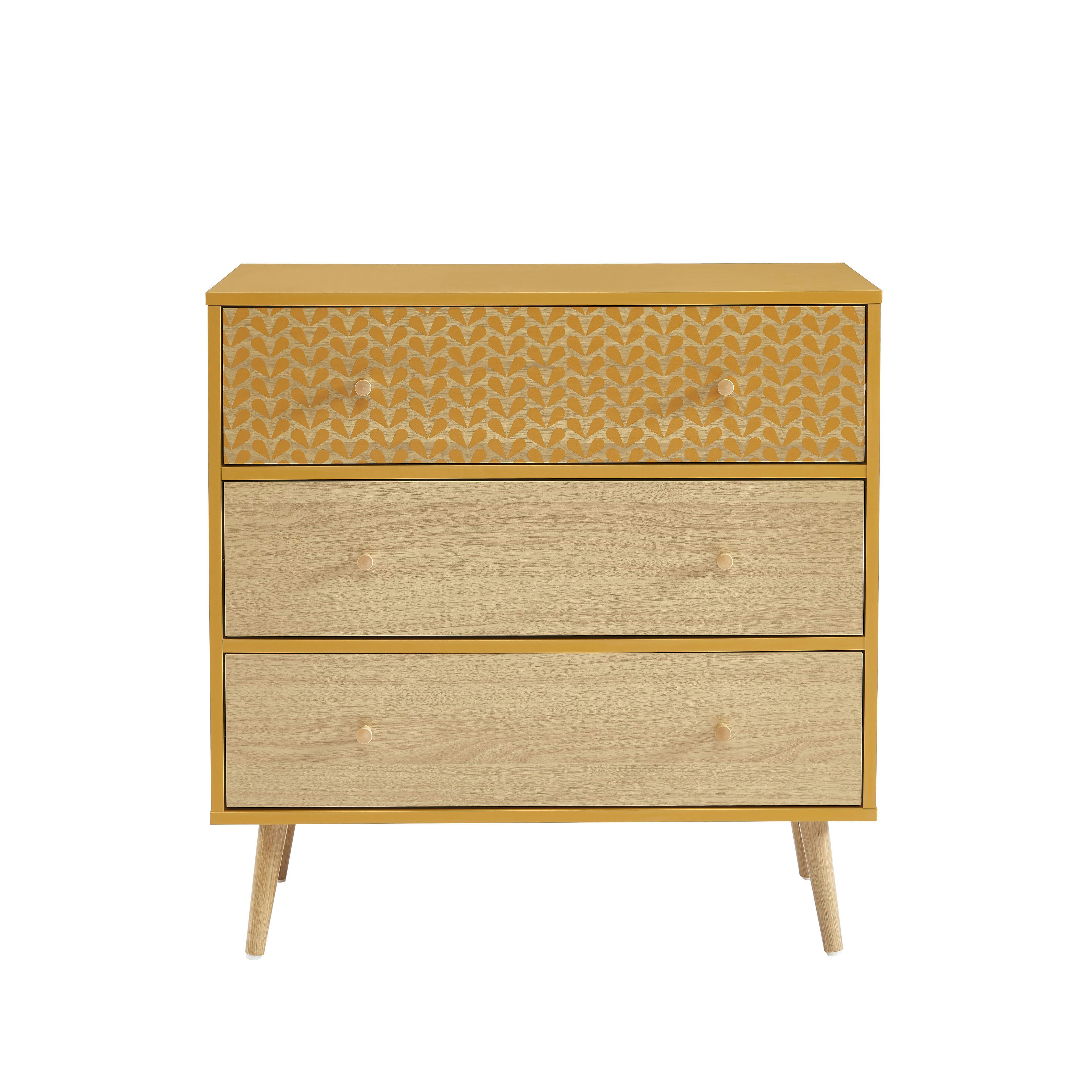 CAPUCINE - Commode  ocre et effet bois et chêne 3 tiroirs 78cm