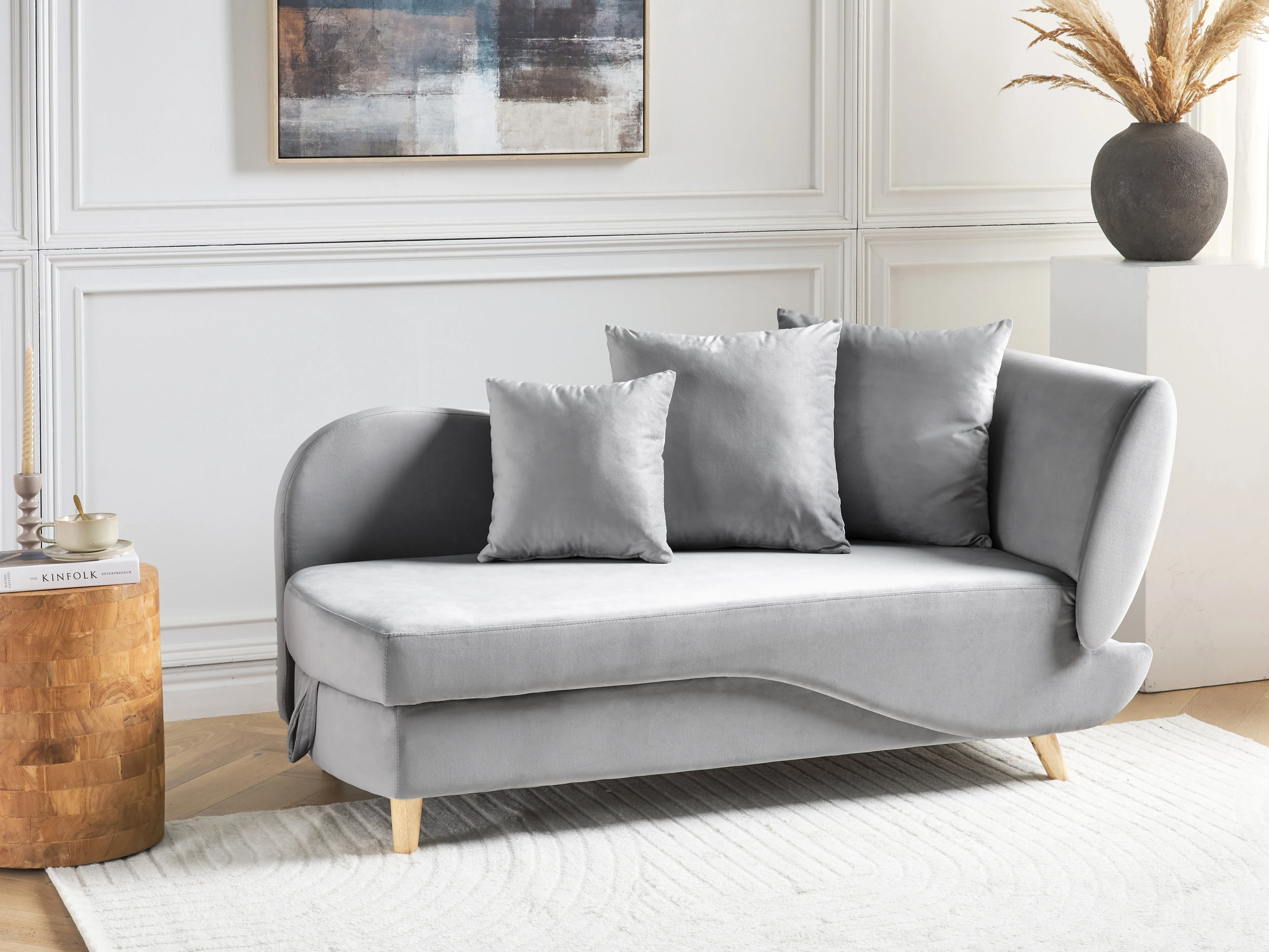 Right-Hand Chaise Longue MERI Velvet Light Grey with Storage