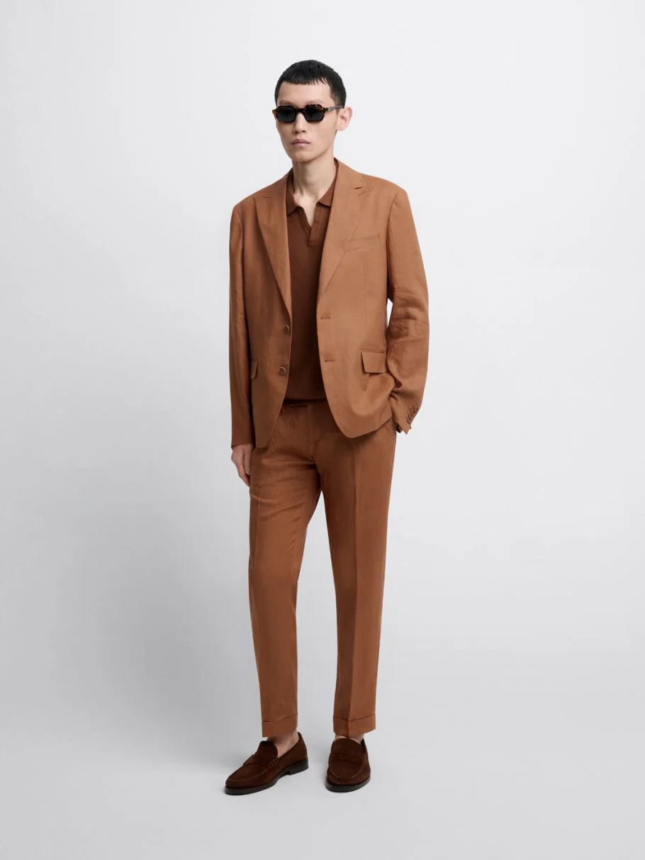 Costume 2 pièces slim en lin caramel