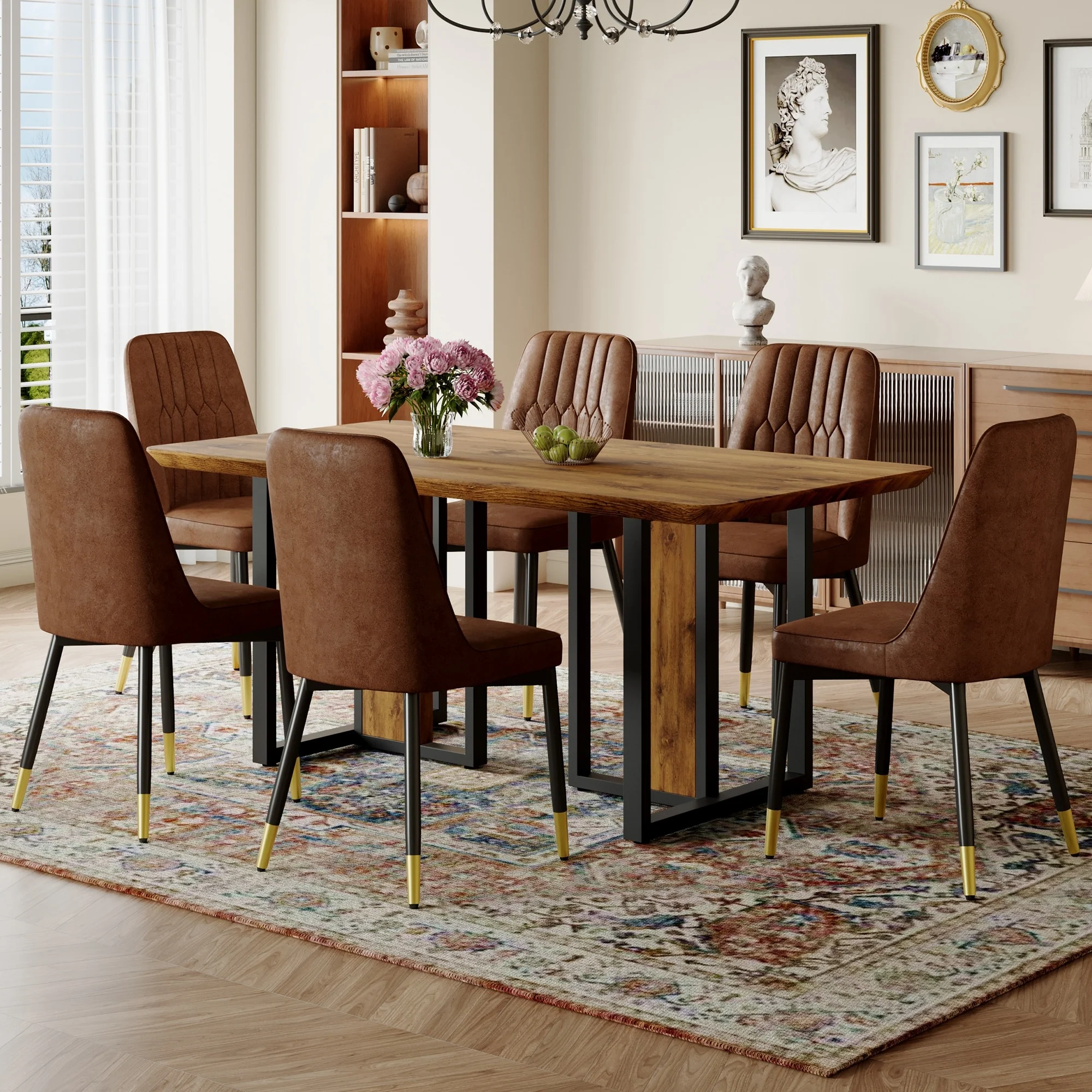 Modern Wood Textured Dining Table Set with Metal Frame and Suede Upholstered Chairs